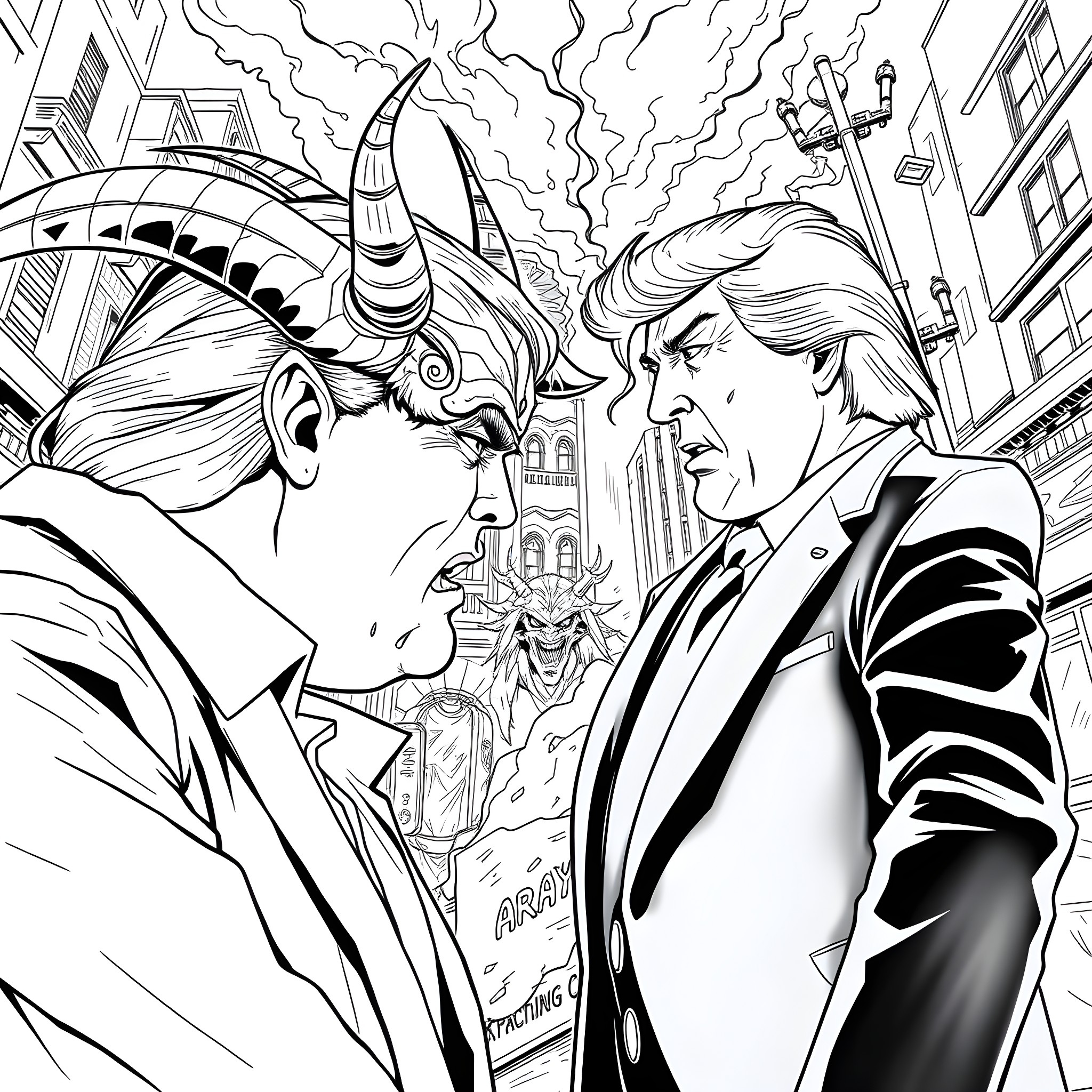 Donald Trump confronting a giant demonic creature in a city Coloring Page (free black-and-white line drawing printable PDF for all, from beginners to advanced learners, including children, teens, adults, and seniors)