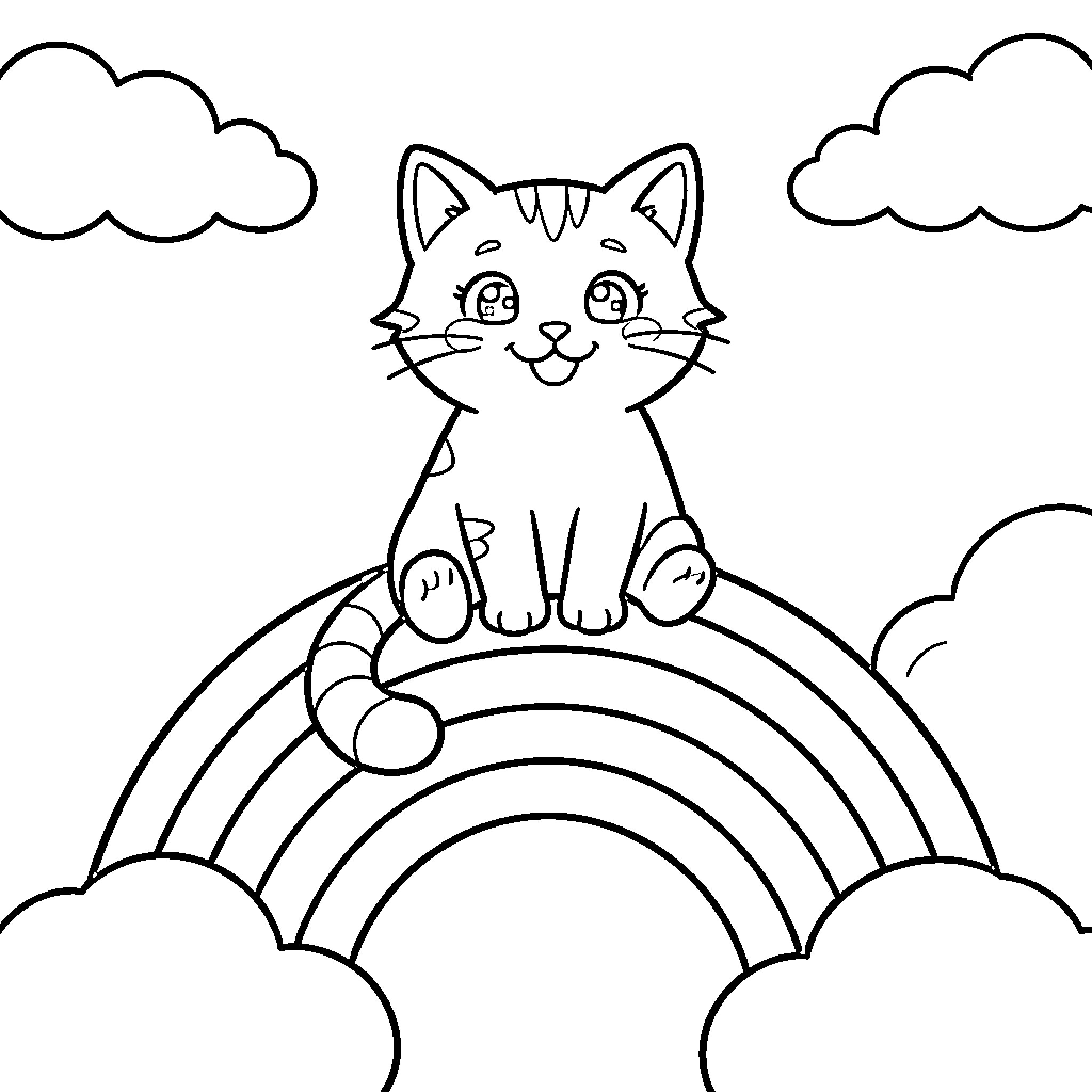 Cat sitting on a rainbow in the sky Coloring Page (free black-and-white line drawing printable PDF for all, from beginners to advanced learners, including children, teens, adults, and seniors)