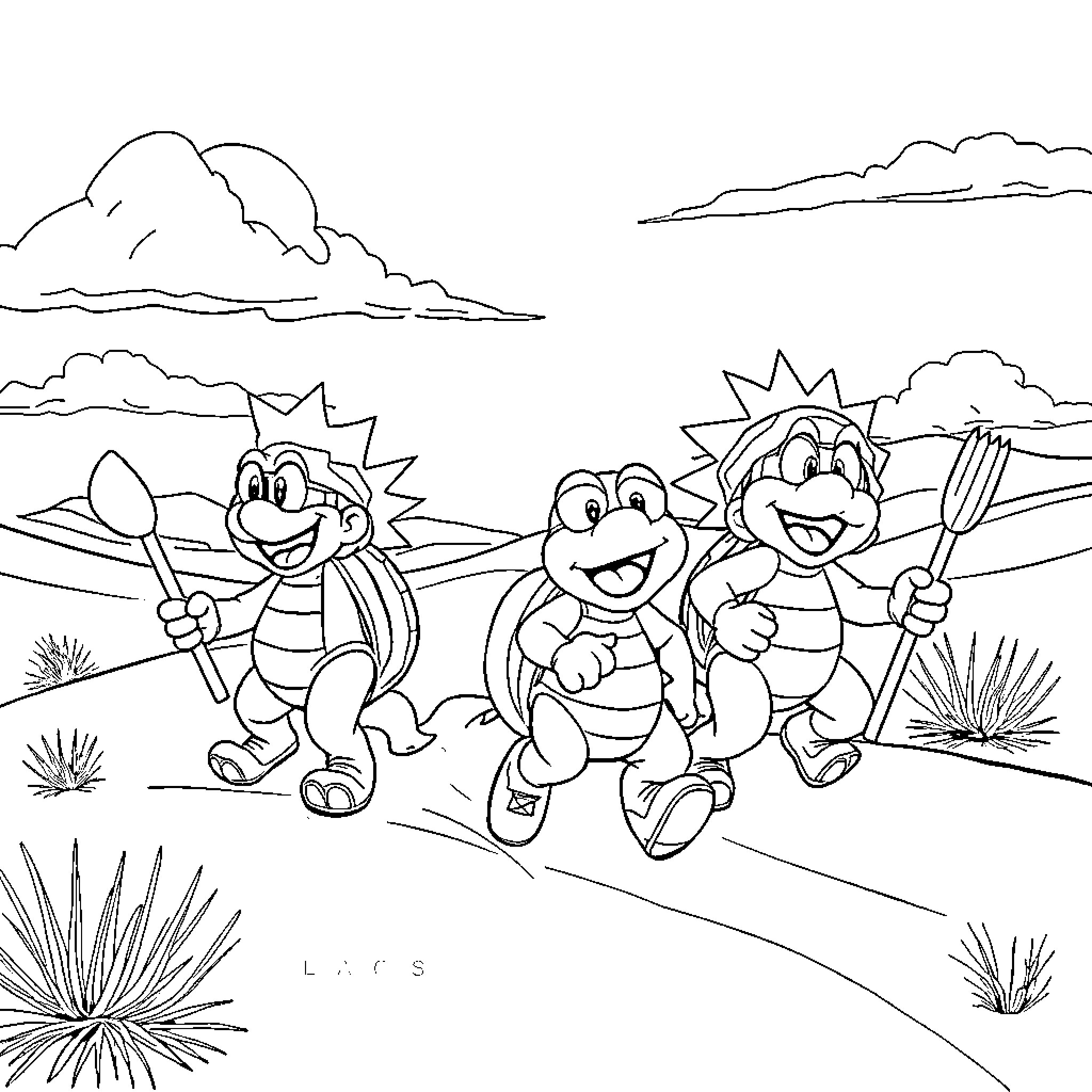 Koopalings characters walking and carrying gardening tools Coloring Page (free black-and-white line drawing printable PDF for all, from beginners to advanced learners, including children, teens, adults, and seniors)