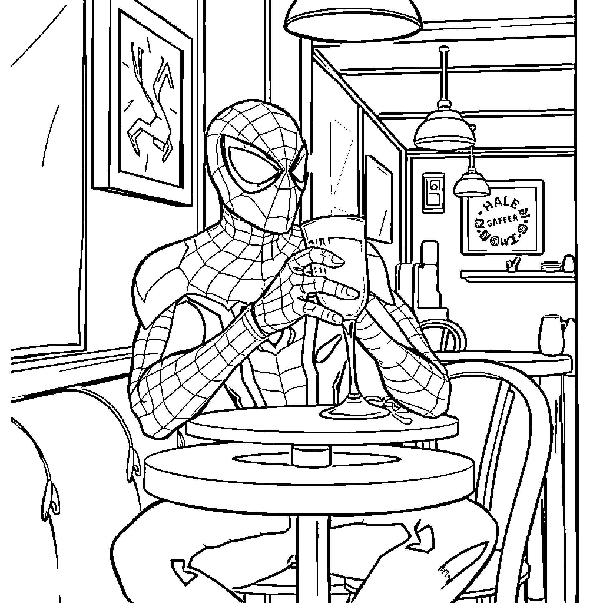 Spider-Man Relaxing in a Cozy Diner Coloring Page (free black-and-white line drawing printable PDF for all, from beginners to advanced learners, including children, teens, adults, and seniors)