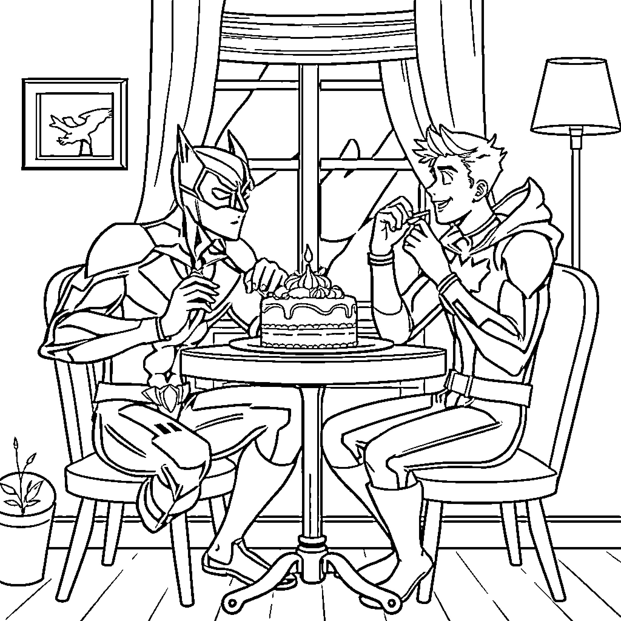 Nightwing celebrates birthday with a friend Coloring Page (free black-and-white line drawing printable PDF for all, from beginners to advanced learners, including children, teens, adults, and seniors)
