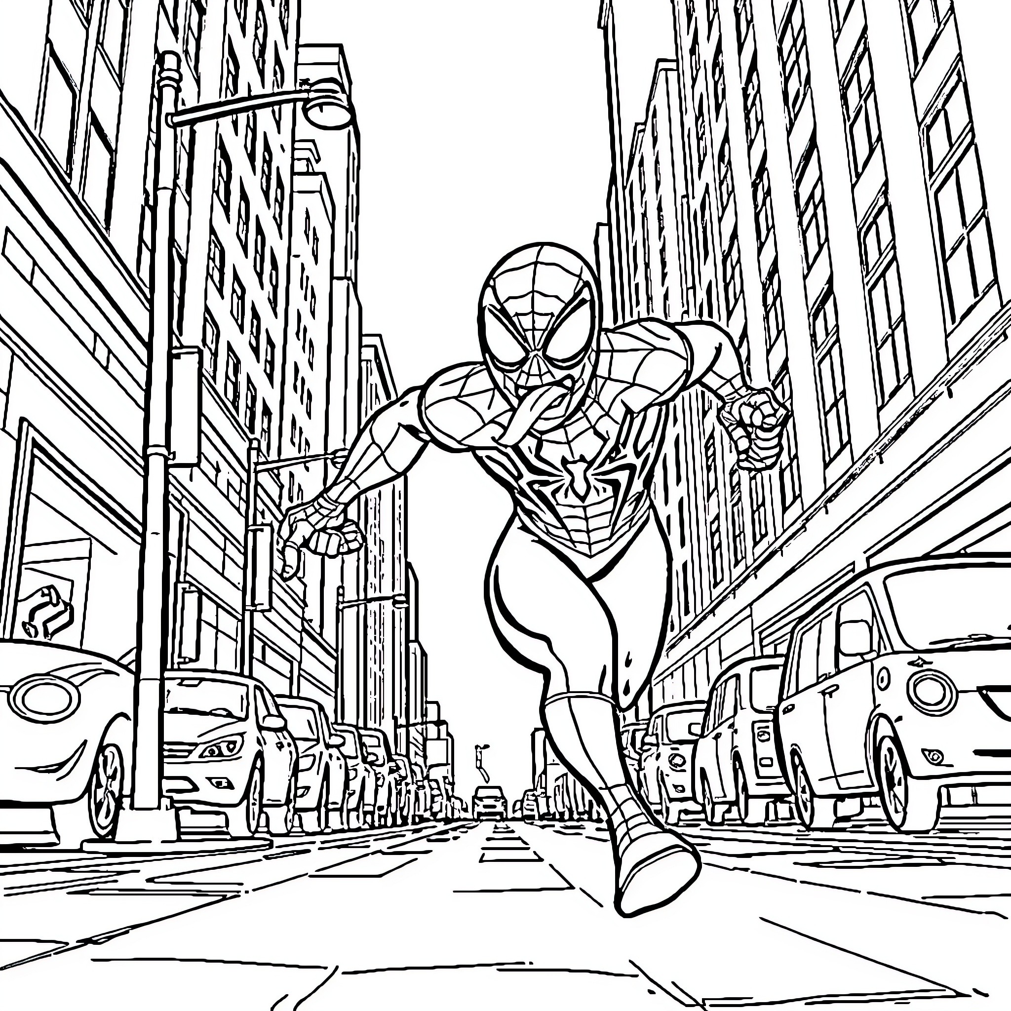 Spiderman swinging through the city streets Coloring Page (free black-and-white line drawing printable PDF for all, from beginners to advanced learners, including children, teens, adults, and seniors)