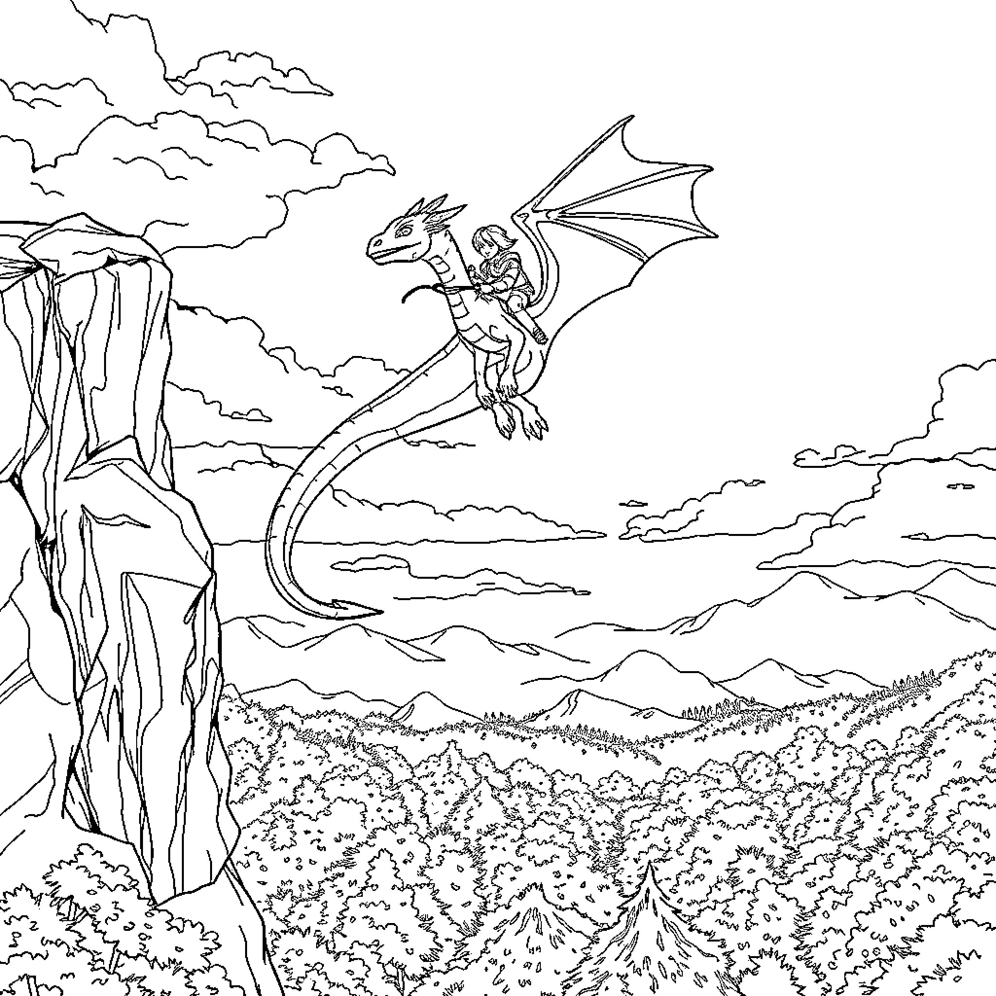 Dragon rider soaring over a rugged landscape Coloring Page (free black-and-white line drawing printable PDF for all, from beginners to advanced learners, including children, teens, adults, and seniors)