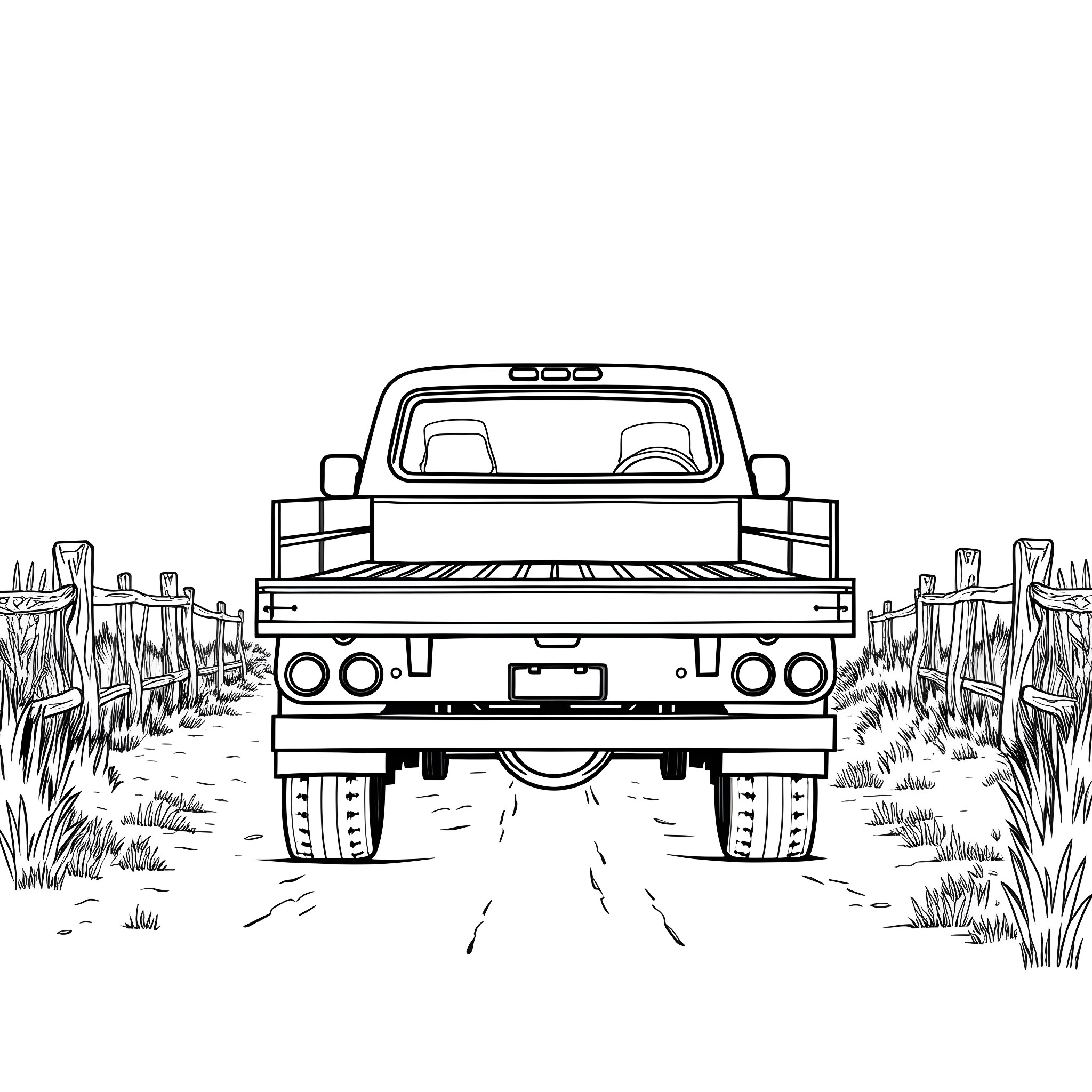 Truck moving through the countryside Coloring Page (free black-and-white line drawing printable PDF for all, from beginners to advanced learners, including children, teens, adults, and seniors)