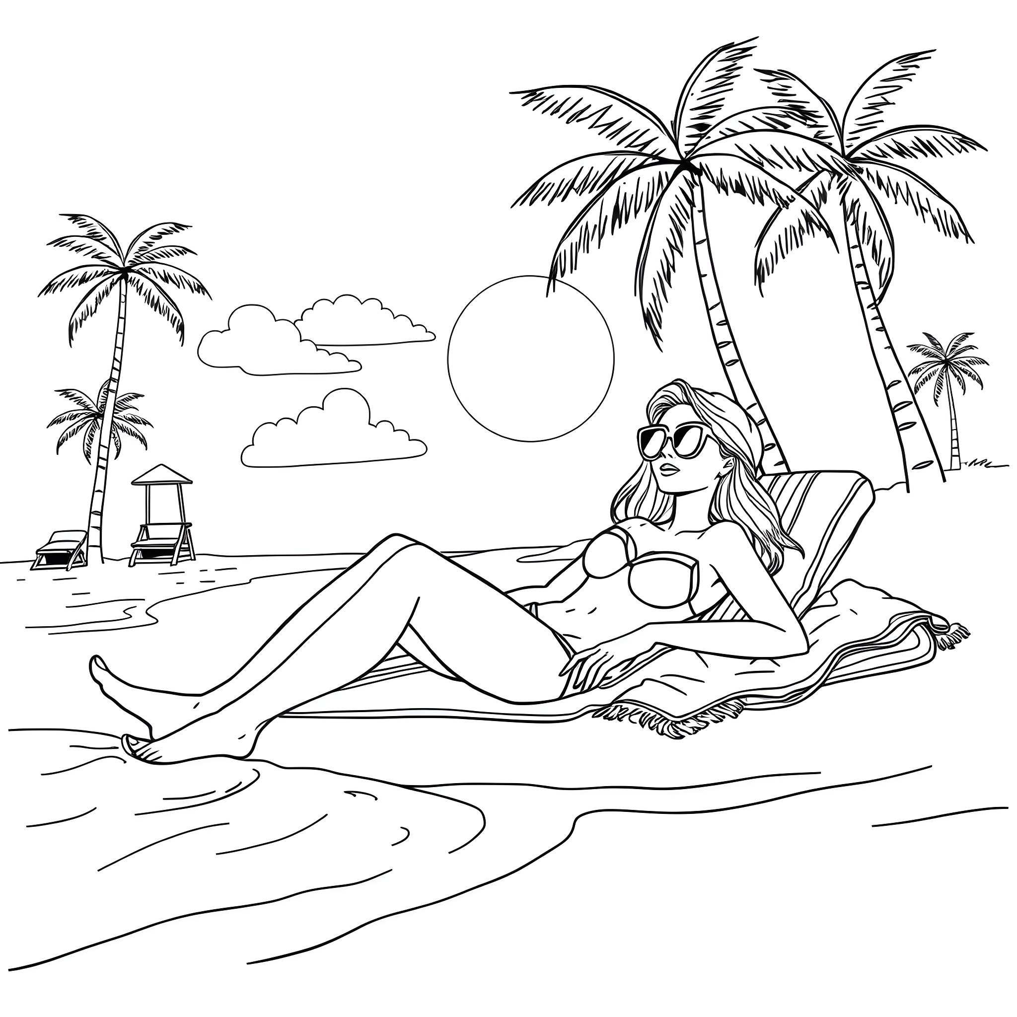 Babe relaxing on the beach under palms Coloring Page (free black-and-white line drawing printable PDF for all, from beginners to advanced learners, including children, teens, adults, and seniors)