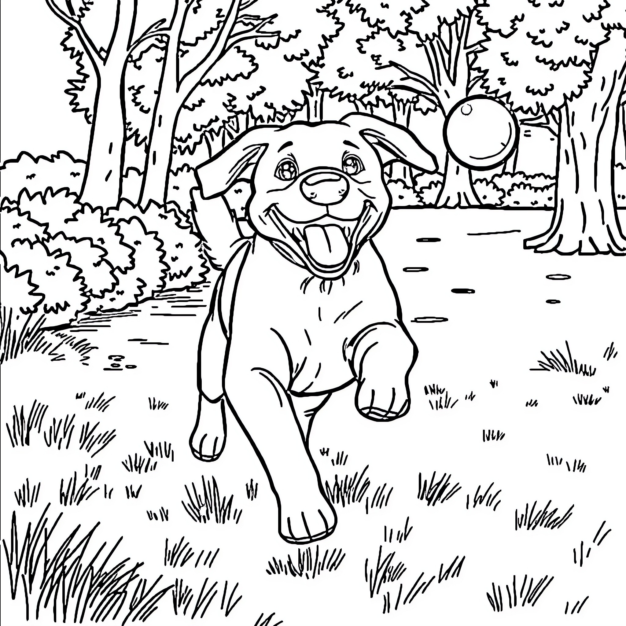 Dog happily running in the forest Coloring Page (free black-and-white line drawing printable PDF for all, from beginners to advanced learners, including children, teens, adults, and seniors)