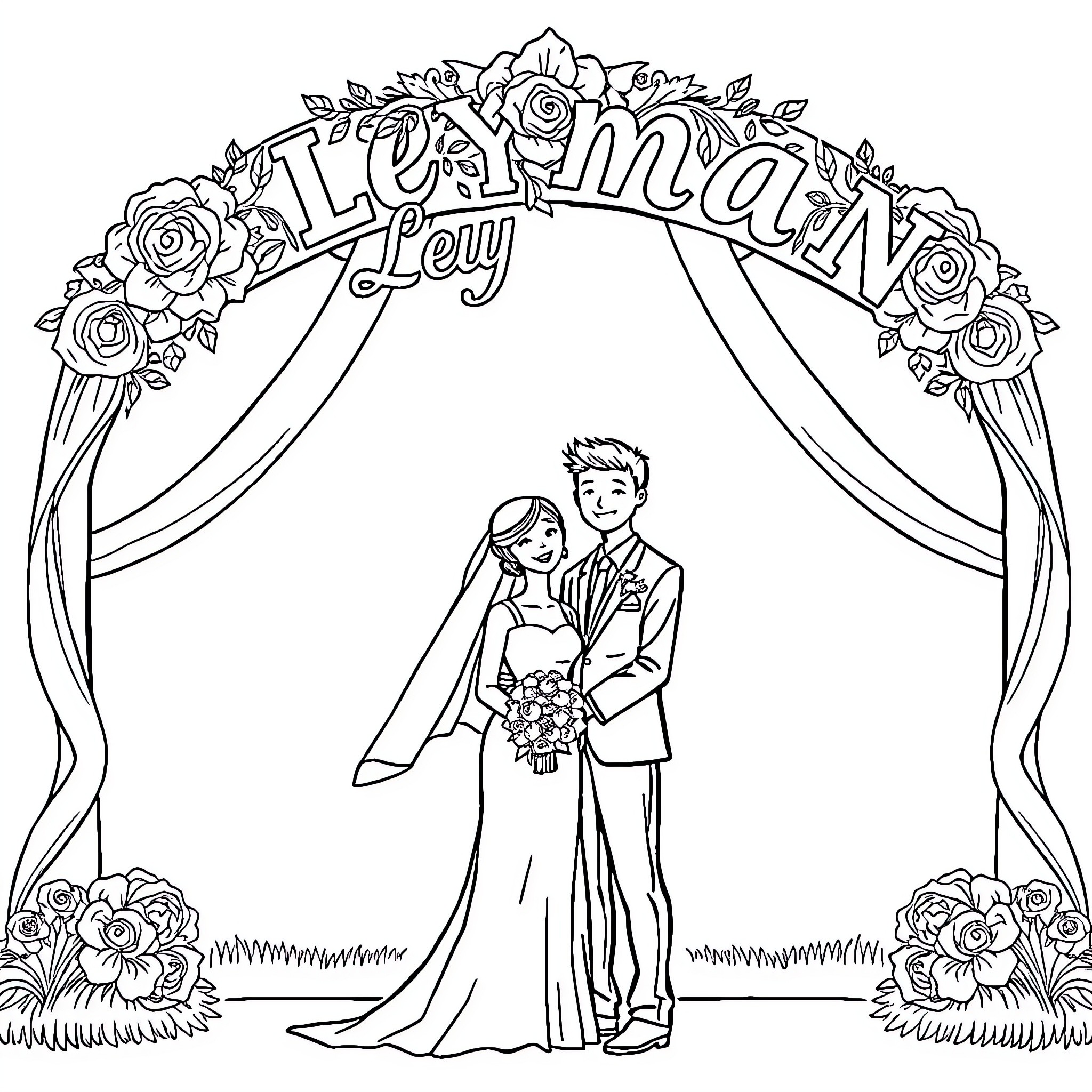 Wedding Couple Exchanging Vows under Floral Arch Coloring Page (free black-and-white line drawing printable PDF for all, from beginners to advanced learners, including children, teens, adults, and seniors)