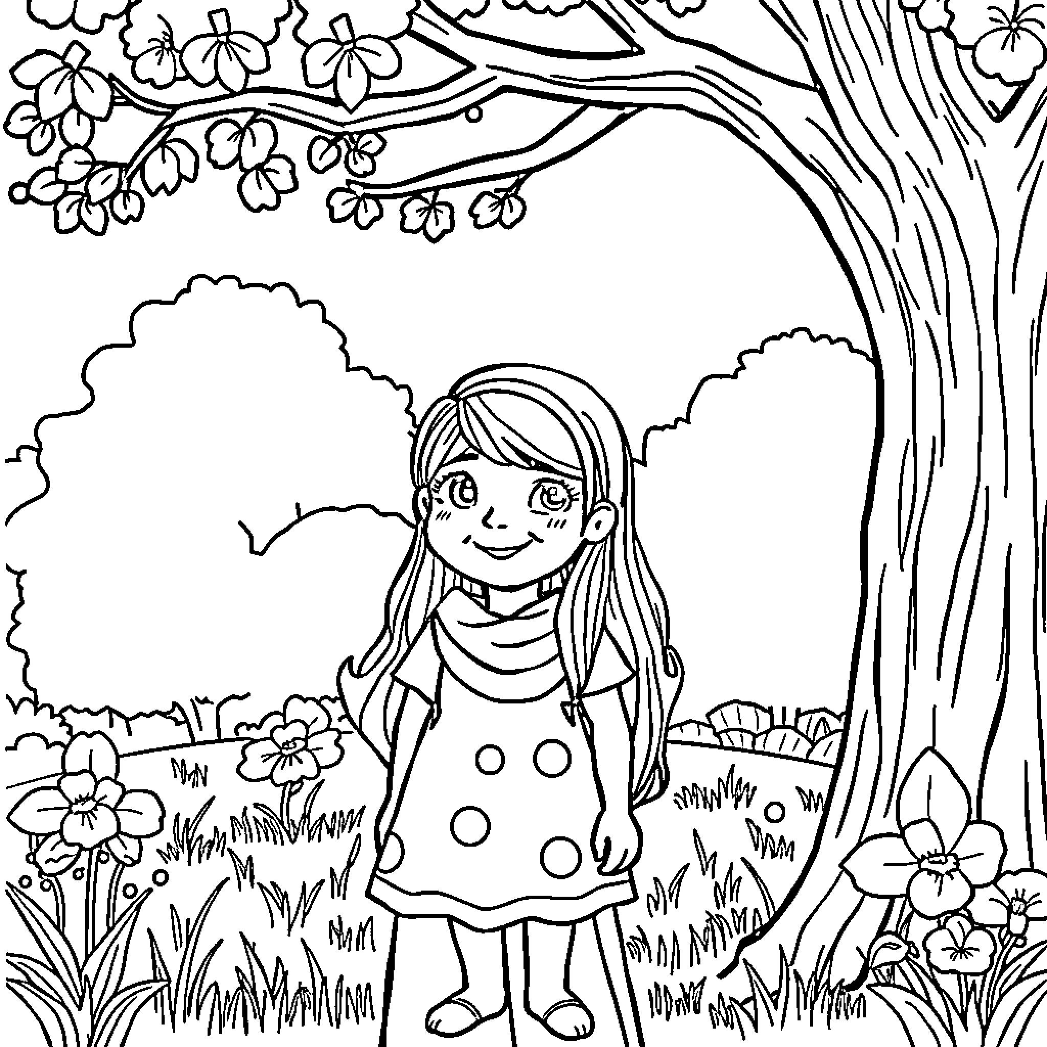 Megin's Peaceful Adventure in the Flowery Meadow Coloring Page (free black-and-white line drawing printable PDF for all, from beginners to advanced learners, including children, teens, adults, and seniors)