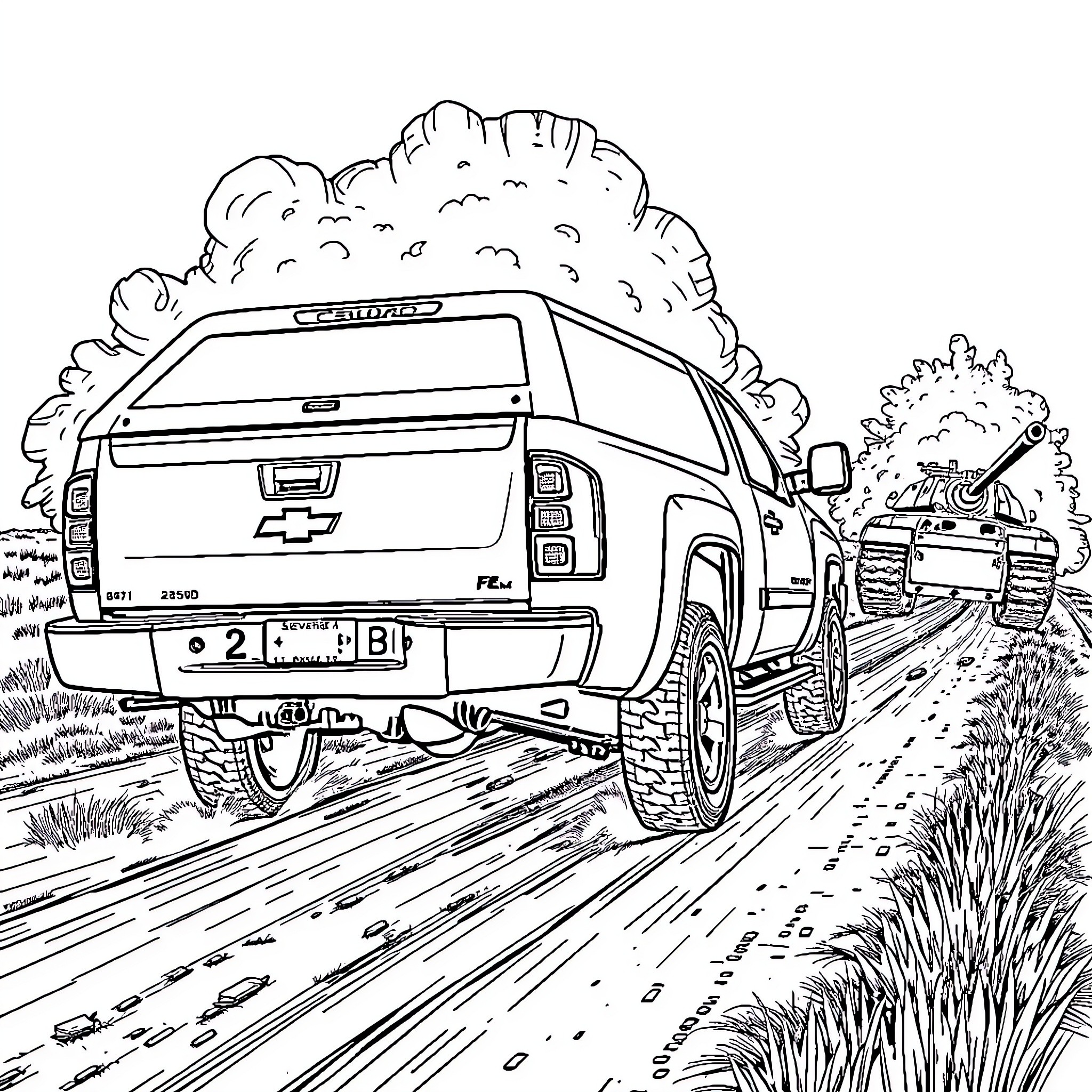 Silverado adventuring through rugged terrain Coloring Page (free black-and-white line drawing printable PDF for all, from beginners to advanced learners, including children, teens, adults, and seniors)