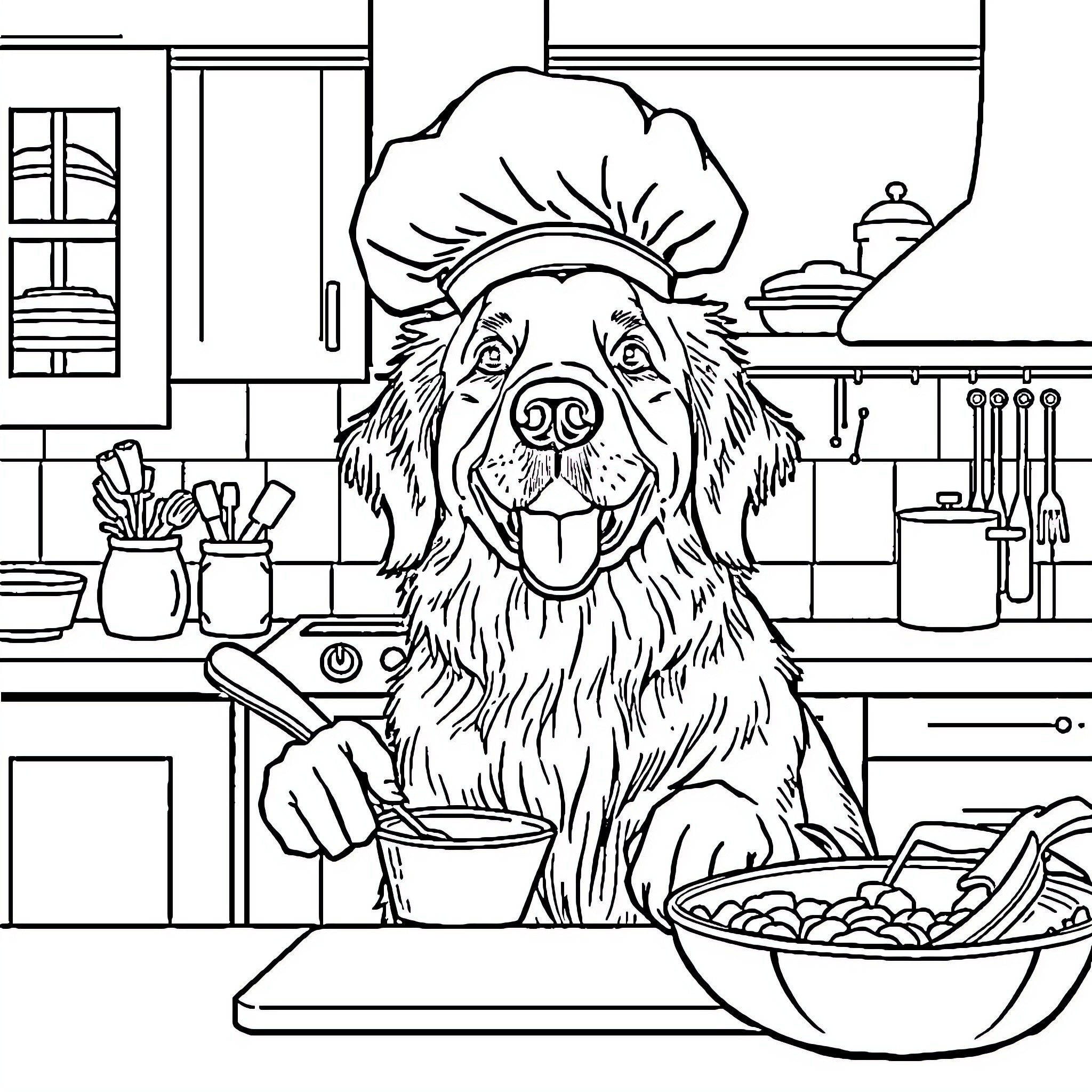 Golden Retriever Cooking Happily in the Kitchen Coloring Page (free black-and-white line drawing printable PDF for all, from beginners to advanced learners, including children, teens, adults, and seniors)