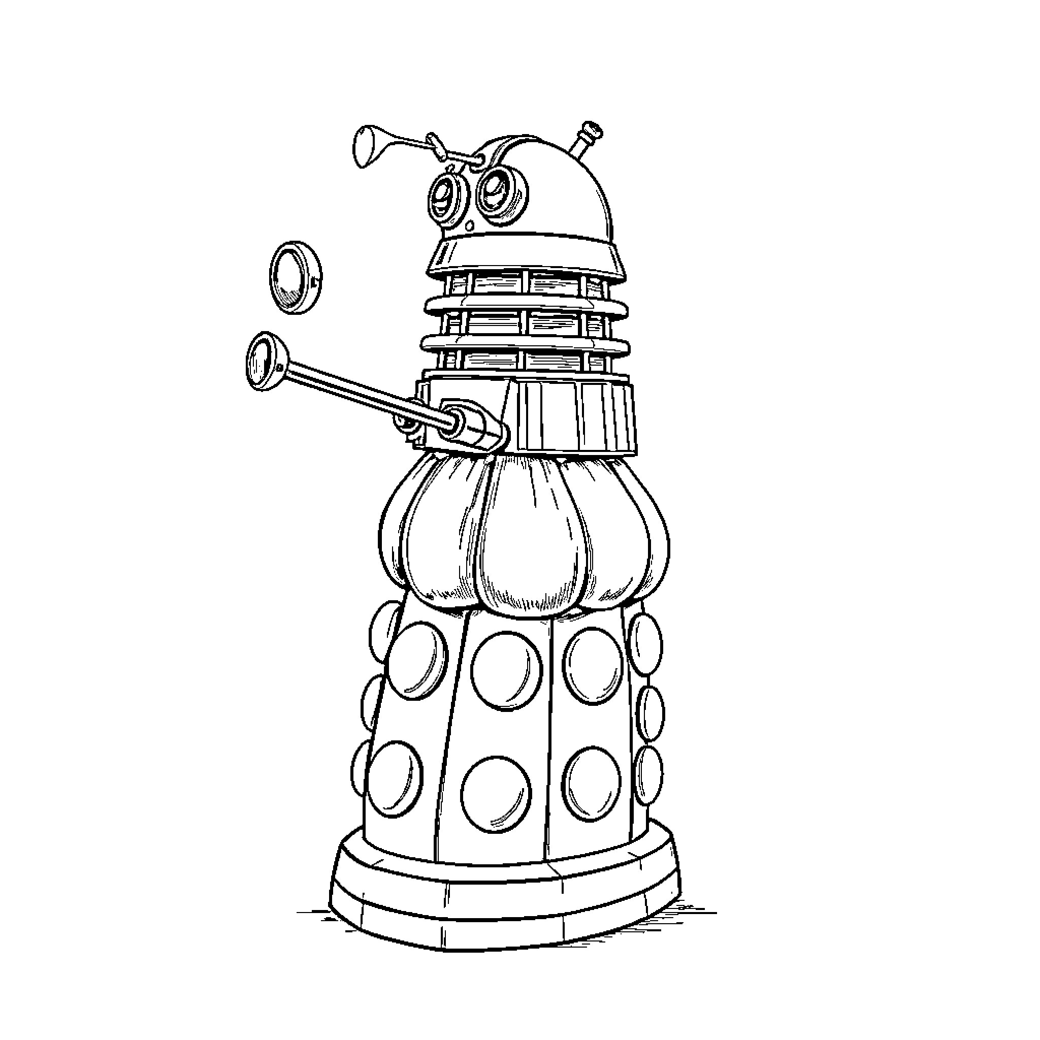 Dalek exterminating with weaponry in sci-fi scene Coloring Page (free black-and-white line drawing printable PDF for all, from beginners to advanced learners, including children, teens, adults, and seniors)