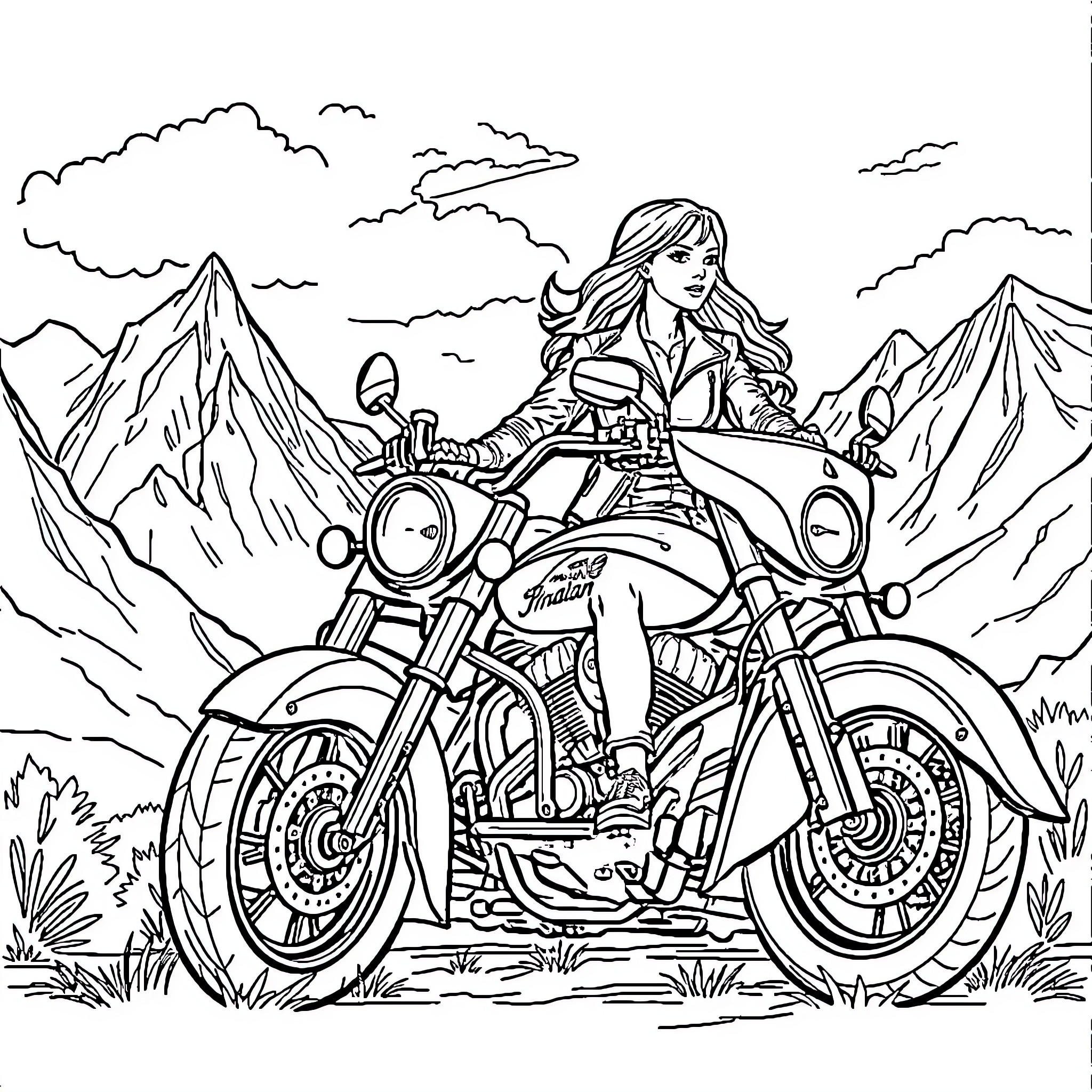Motorcycle adventurer exploring the mountains Coloring Page (free black-and-white line drawing printable PDF for all, from beginners to advanced learners, including children, teens, adults, and seniors)