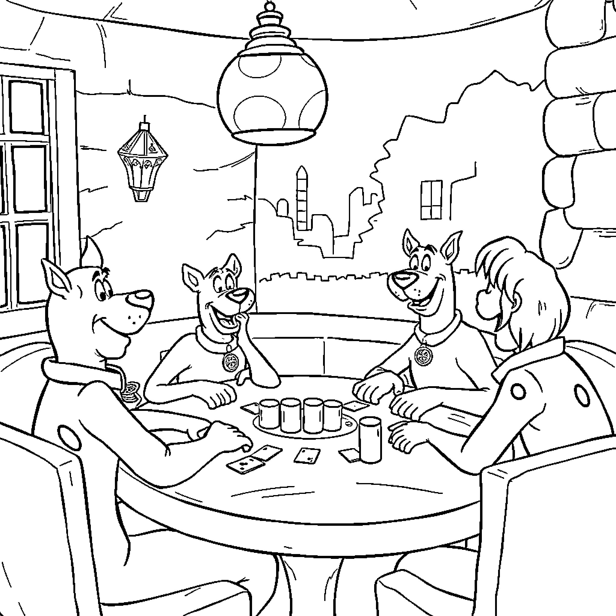 Scooby Doo and Friends Enjoying a Game Night Coloring Page (free black-and-white line drawing printable PDF for all, from beginners to advanced learners, including children, teens, adults, and seniors)