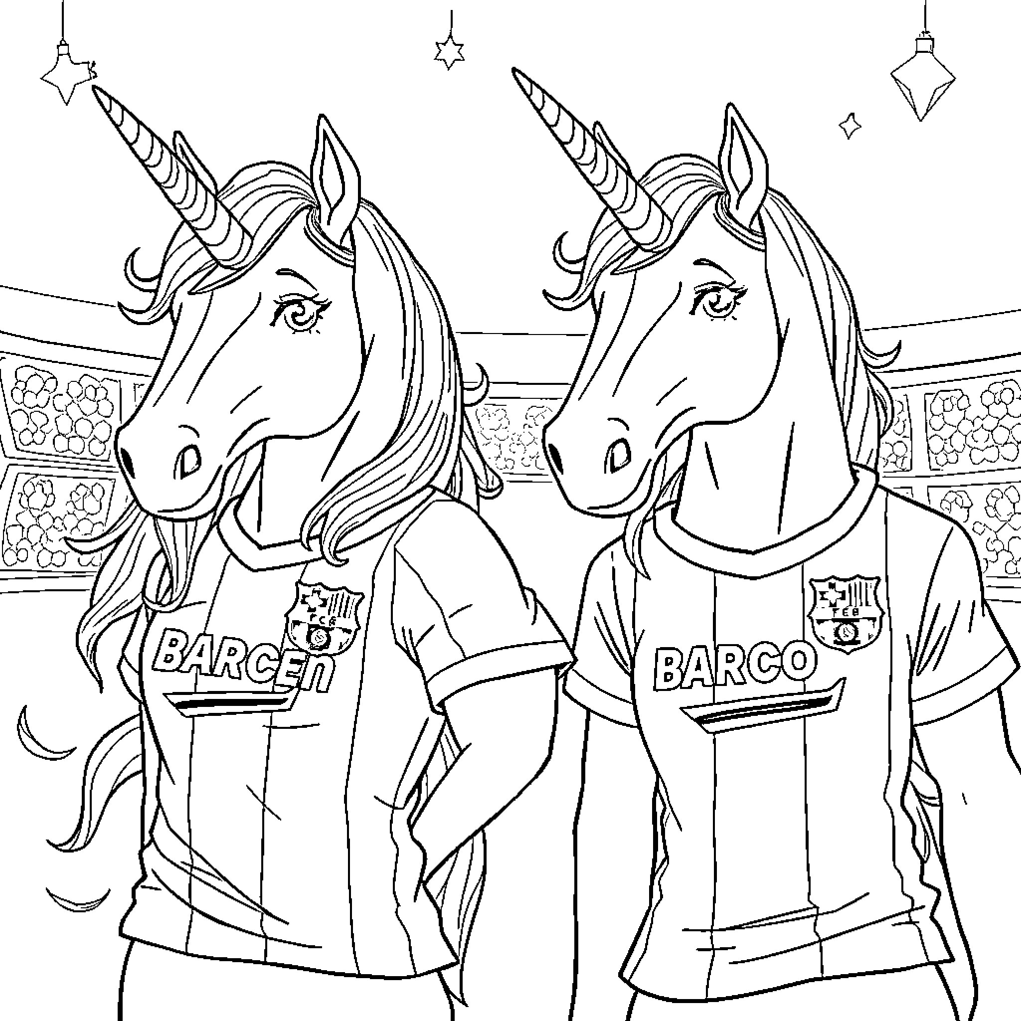 Unicorn soccer players competing on the field Coloring Page (free black-and-white line drawing printable PDF for all, from beginners to advanced learners, including children, teens, adults, and seniors)