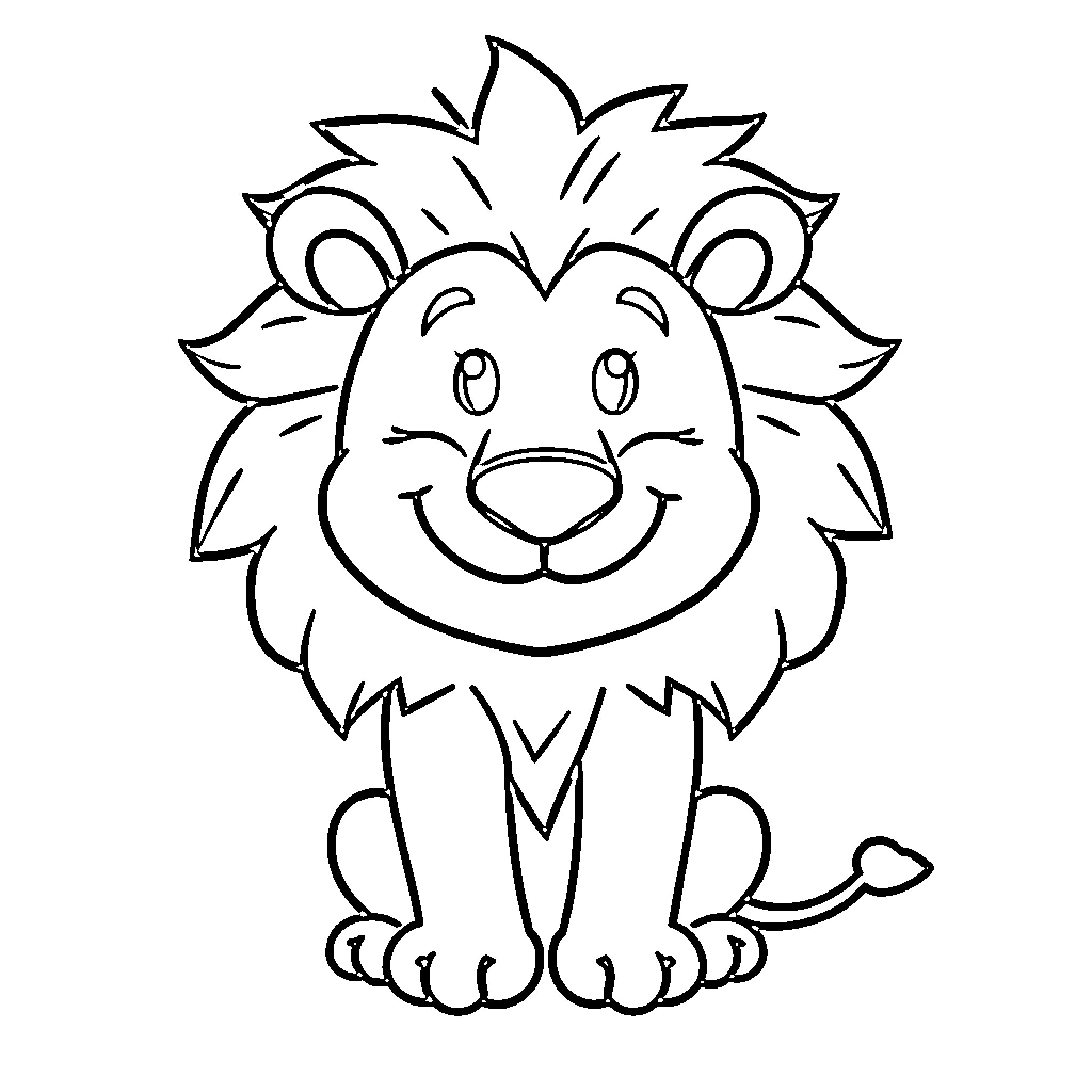 Lion smiling with happy expression Coloring Page (free black-and-white line drawing printable PDF for all, from beginners to advanced learners, including children, teens, adults, and seniors)