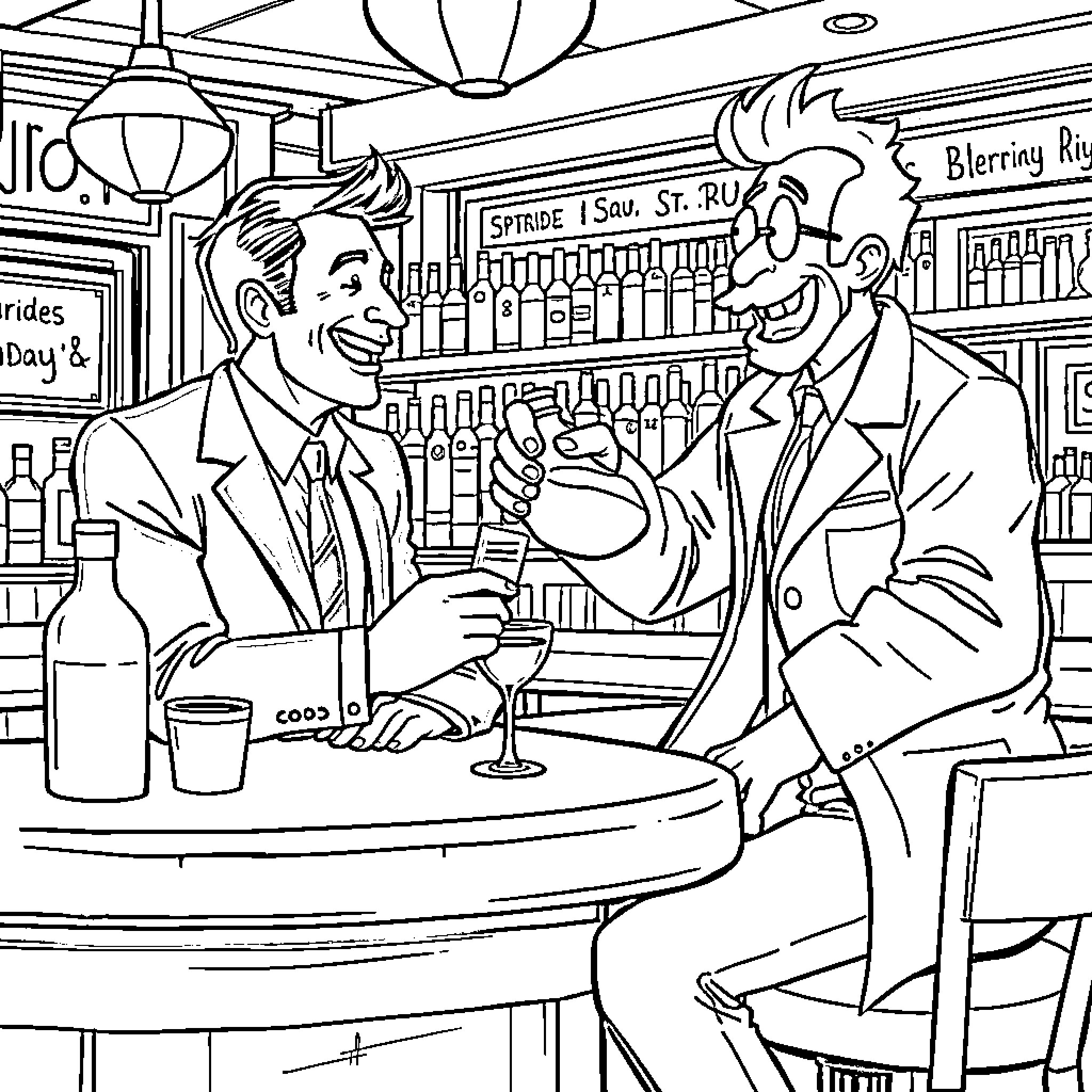 Sterling Archer enjoying drinks with a friend at a bar Coloring Page (free black-and-white line drawing printable PDF for all, from beginners to advanced learners, including children, teens, adults, and seniors)