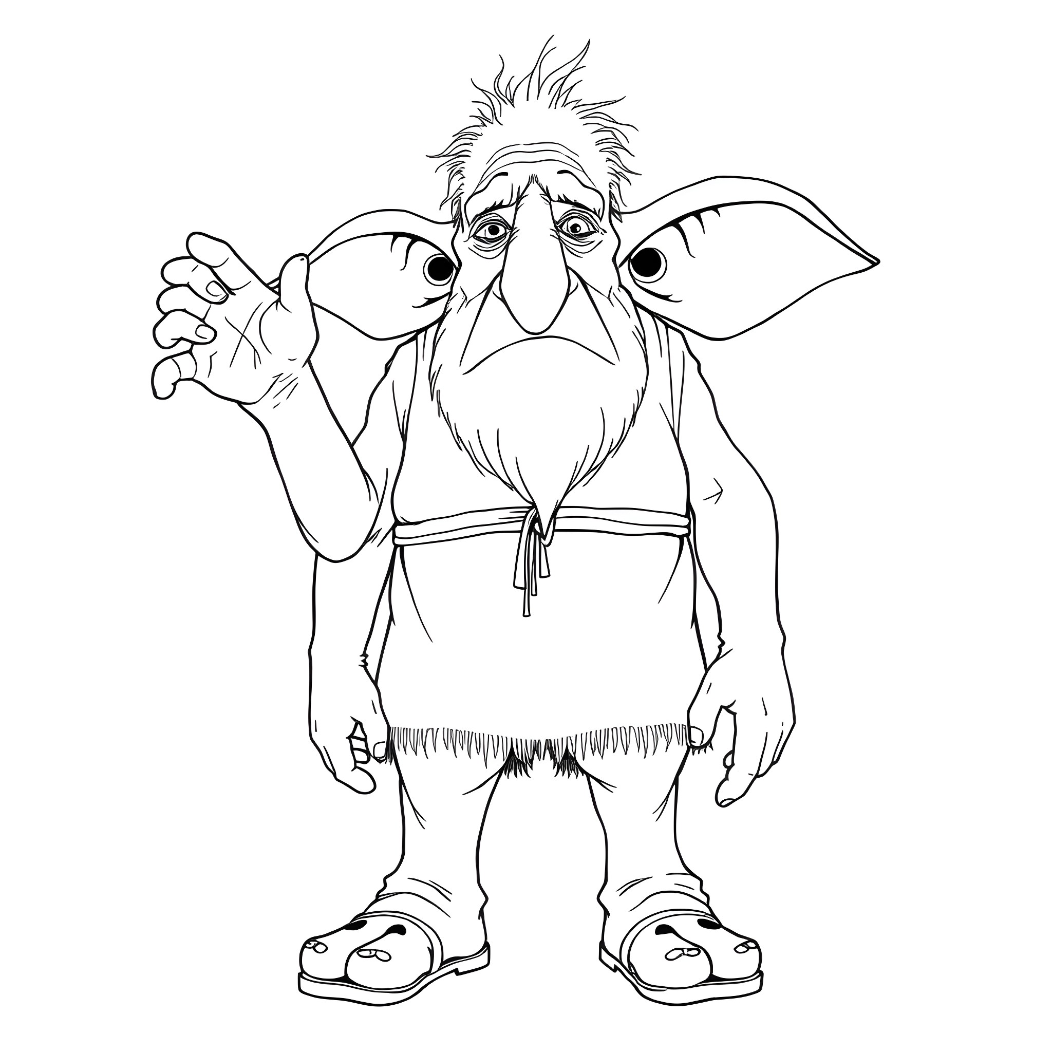 BFG character with exaggerated features and expressions Coloring Page (free black-and-white line drawing printable PDF for all, from beginners to advanced learners, including children, teens, adults, and seniors)