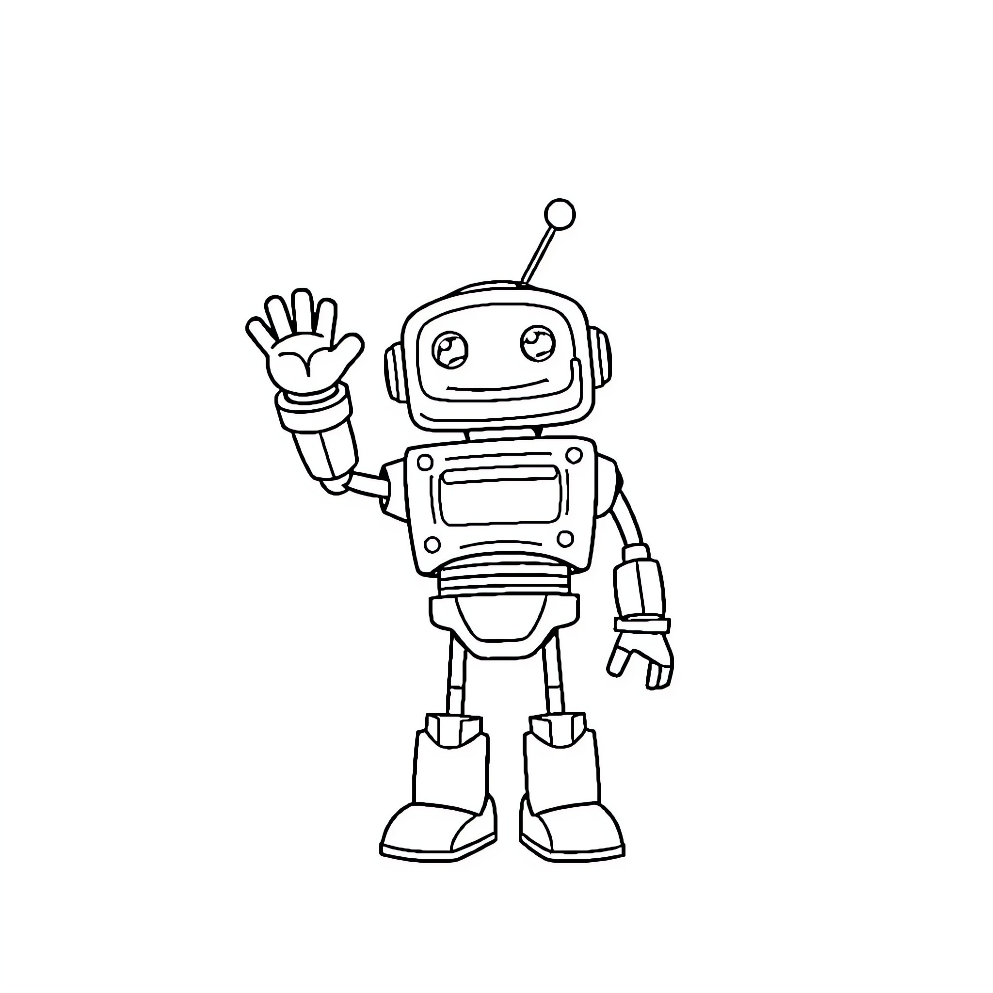 Robot Waving Playfully Coloring Page (free black-and-white line drawing printable PDF for all, from beginners to advanced learners, including children, teens, adults, and seniors)