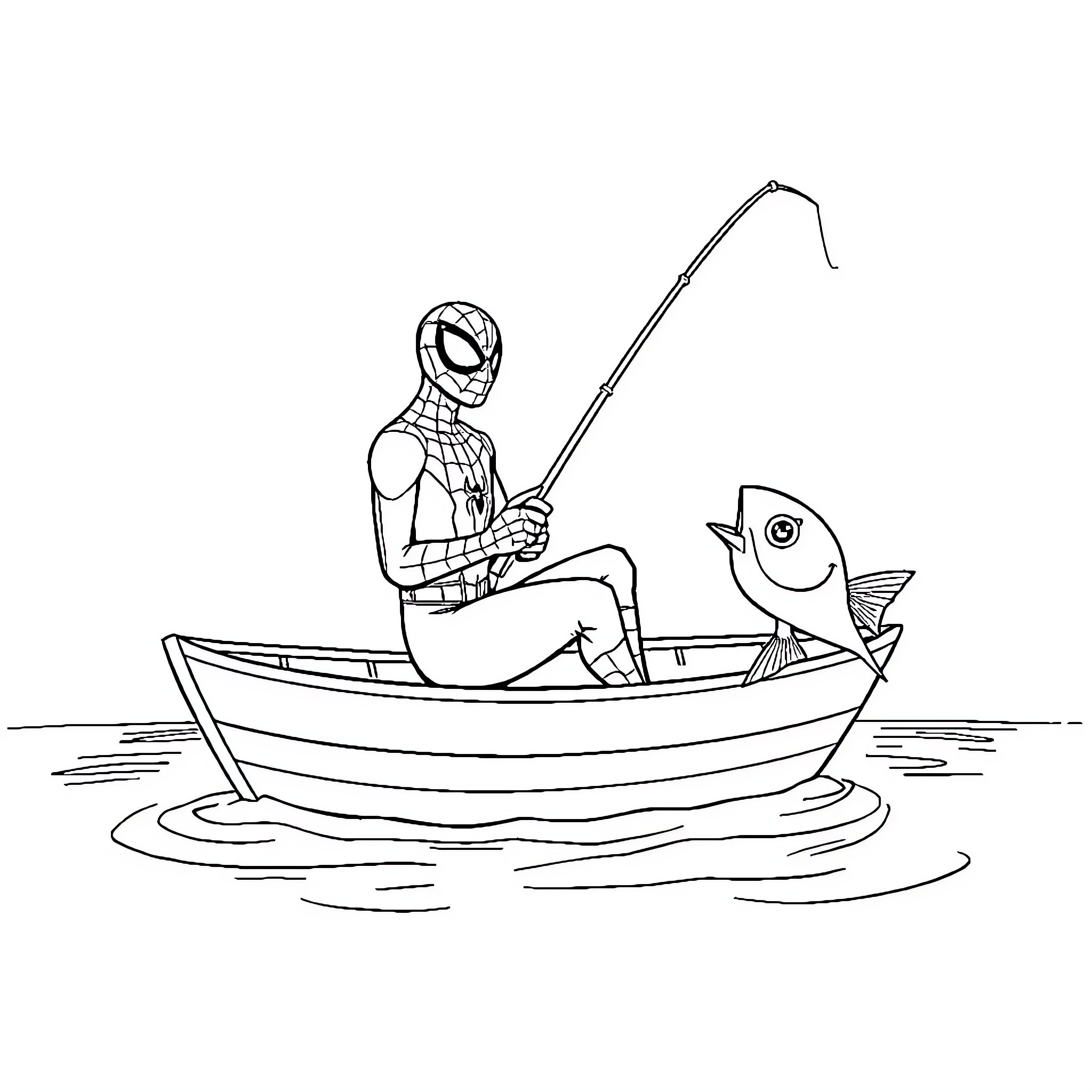 Spider-Man fishing for a giant fish in a boat Coloring Page (free black-and-white line drawing printable PDF for all, from beginners to advanced learners, including children, teens, adults, and seniors)