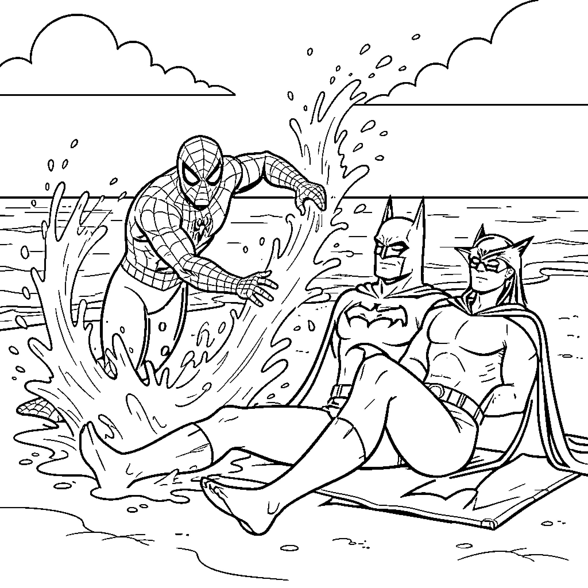Spiderman splashing water on Batman and Thor at the beach Coloring Page (free black-and-white line drawing printable PDF for all, from beginners to advanced learners, including children, teens, adults, and seniors)