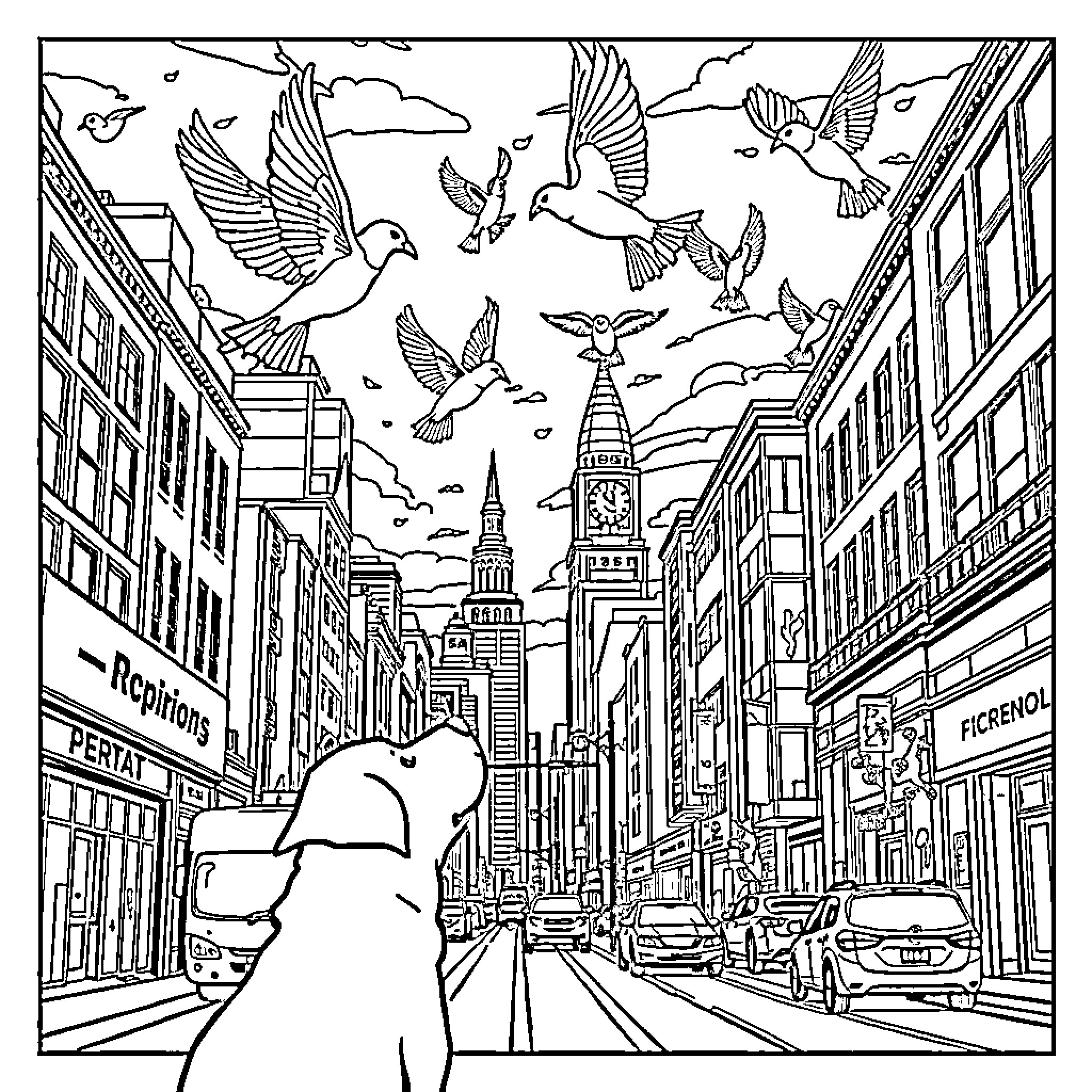 Bird's-eye view of busy city street with flying birds Coloring Page (free black-and-white line drawing printable PDF for all, from beginners to advanced learners, including children, teens, adults, and seniors)