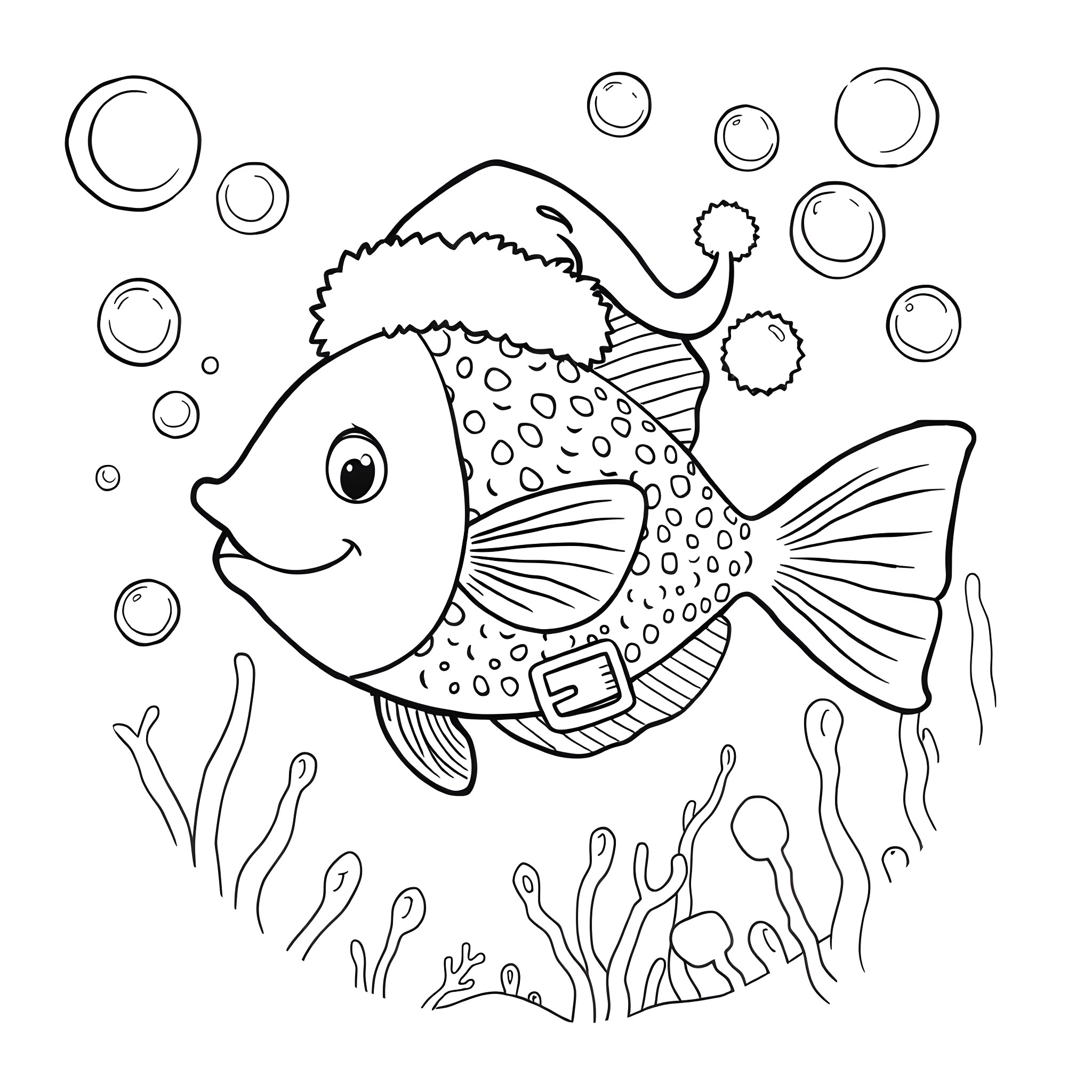 Fish swimming joyfully in underwater bubbles Coloring Page (free black-and-white line drawing printable PDF for all, from beginners to advanced learners, including children, teens, adults, and seniors)
