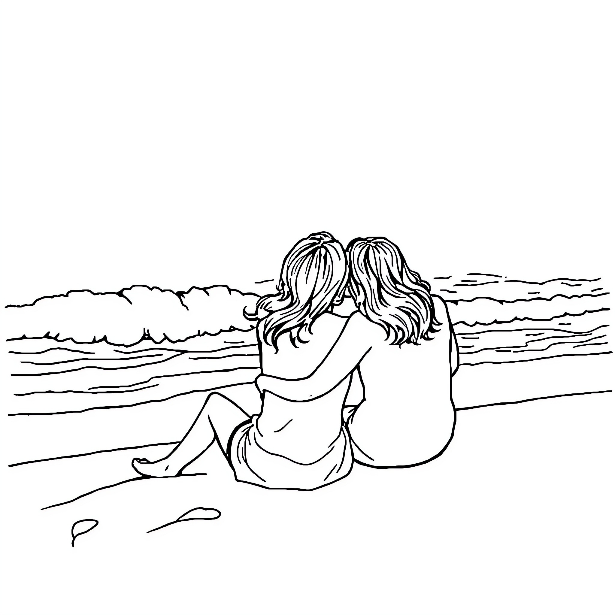 Couple embracing on the beach Coloring Page (free black-and-white line drawing printable PDF for all, from beginners to advanced learners, including children, teens, adults, and seniors)