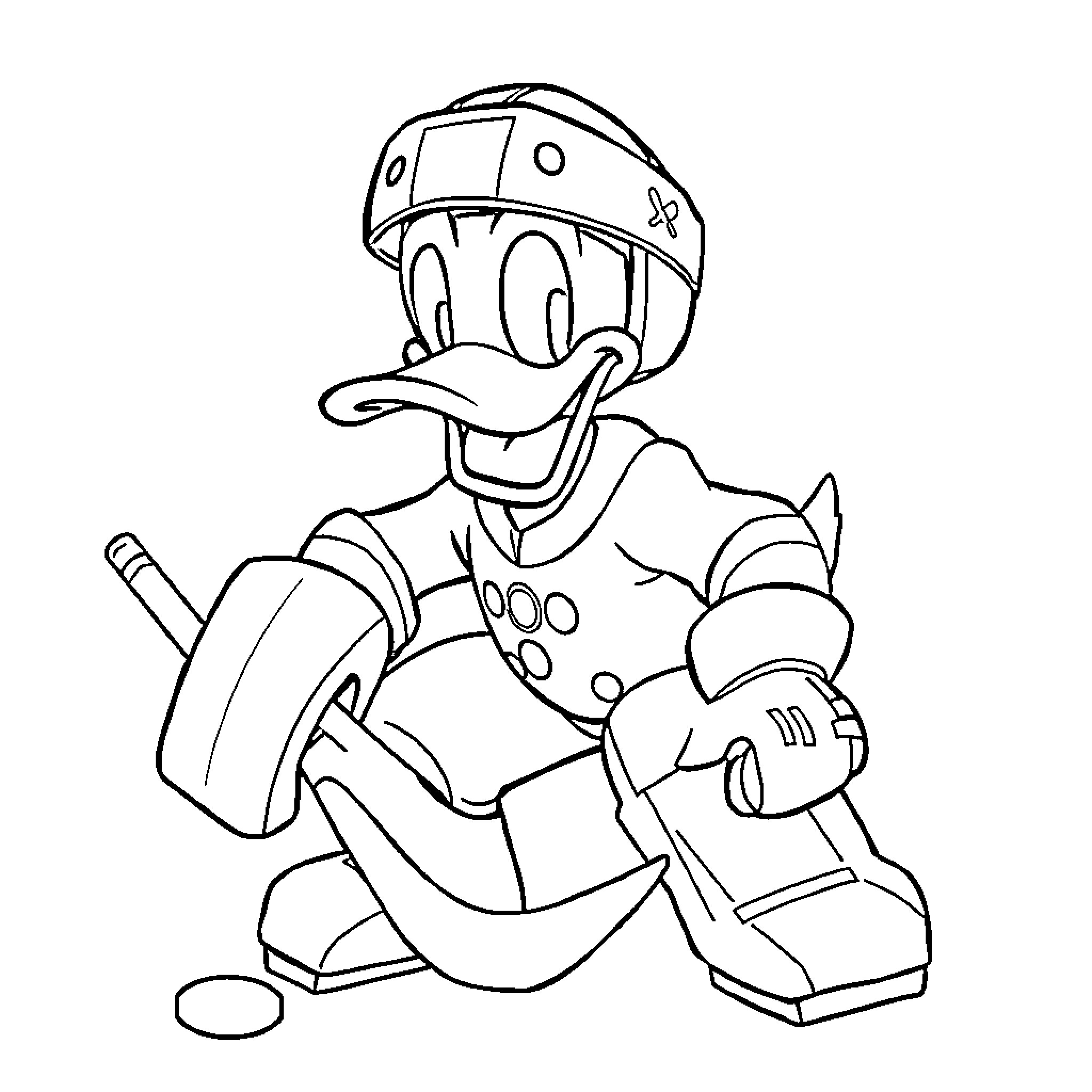 Donald Duck playing with hockey equipment Coloring Page (free black-and-white line drawing printable PDF for all, from beginners to advanced learners, including children, teens, adults, and seniors)