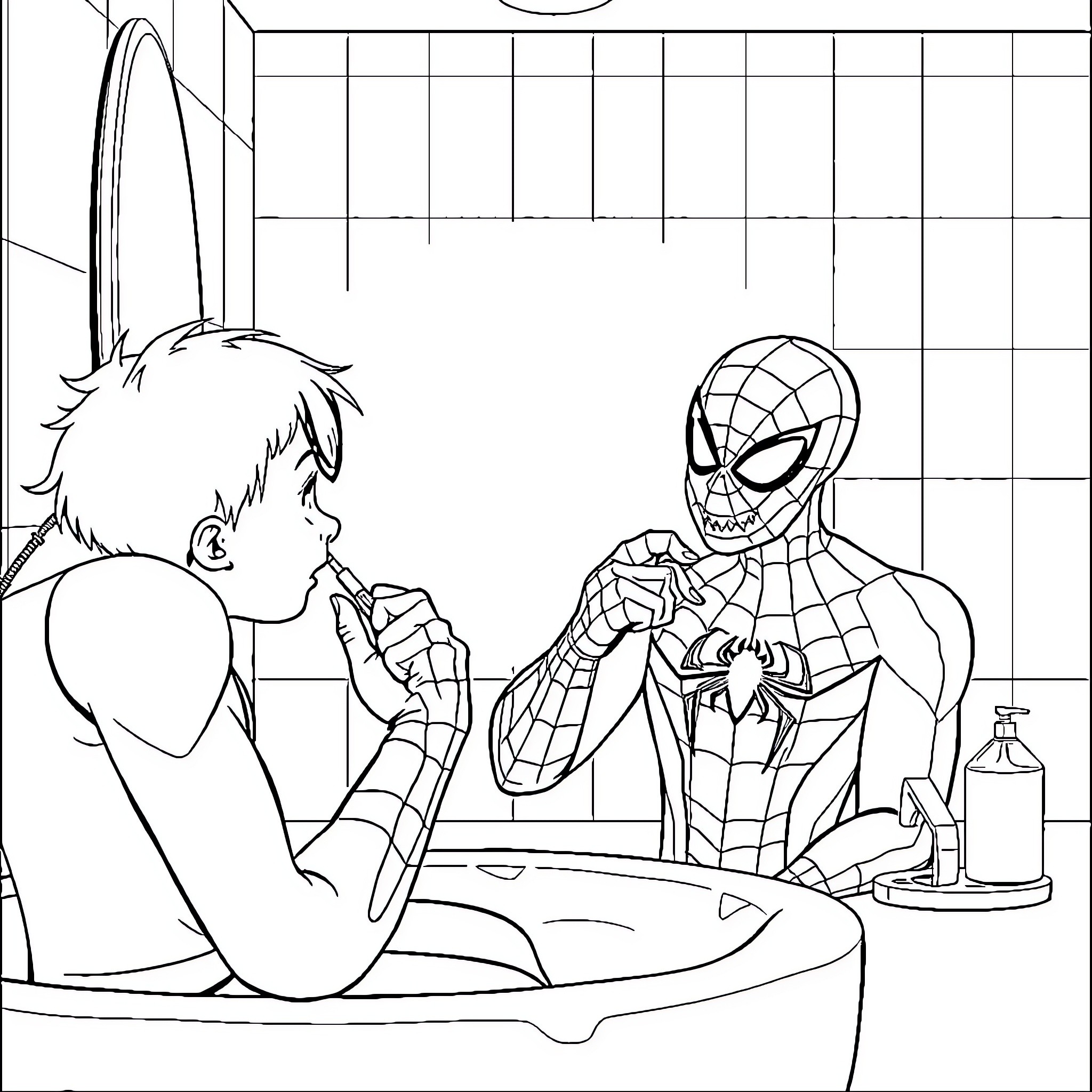 Spiderman Helping a Friend in Need Coloring Page (free black-and-white line drawing printable PDF for all, from beginners to advanced learners, including children, teens, adults, and seniors)