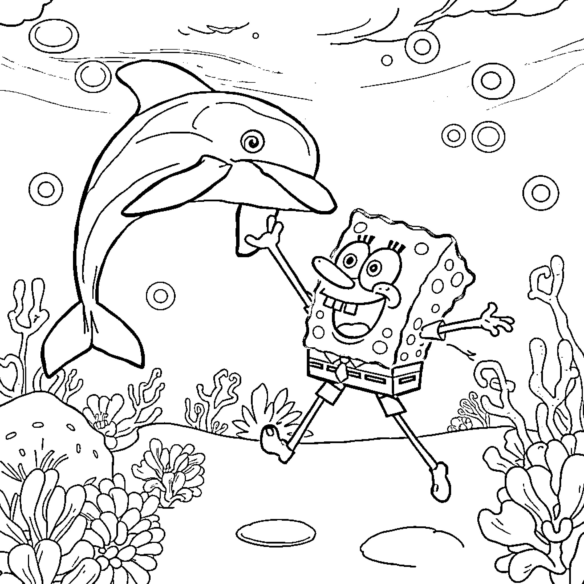 Spongebob and dolphin swimming in the ocean Coloring Page (free black-and-white line drawing printable PDF for all, from beginners to advanced learners, including children, teens, adults, and seniors)