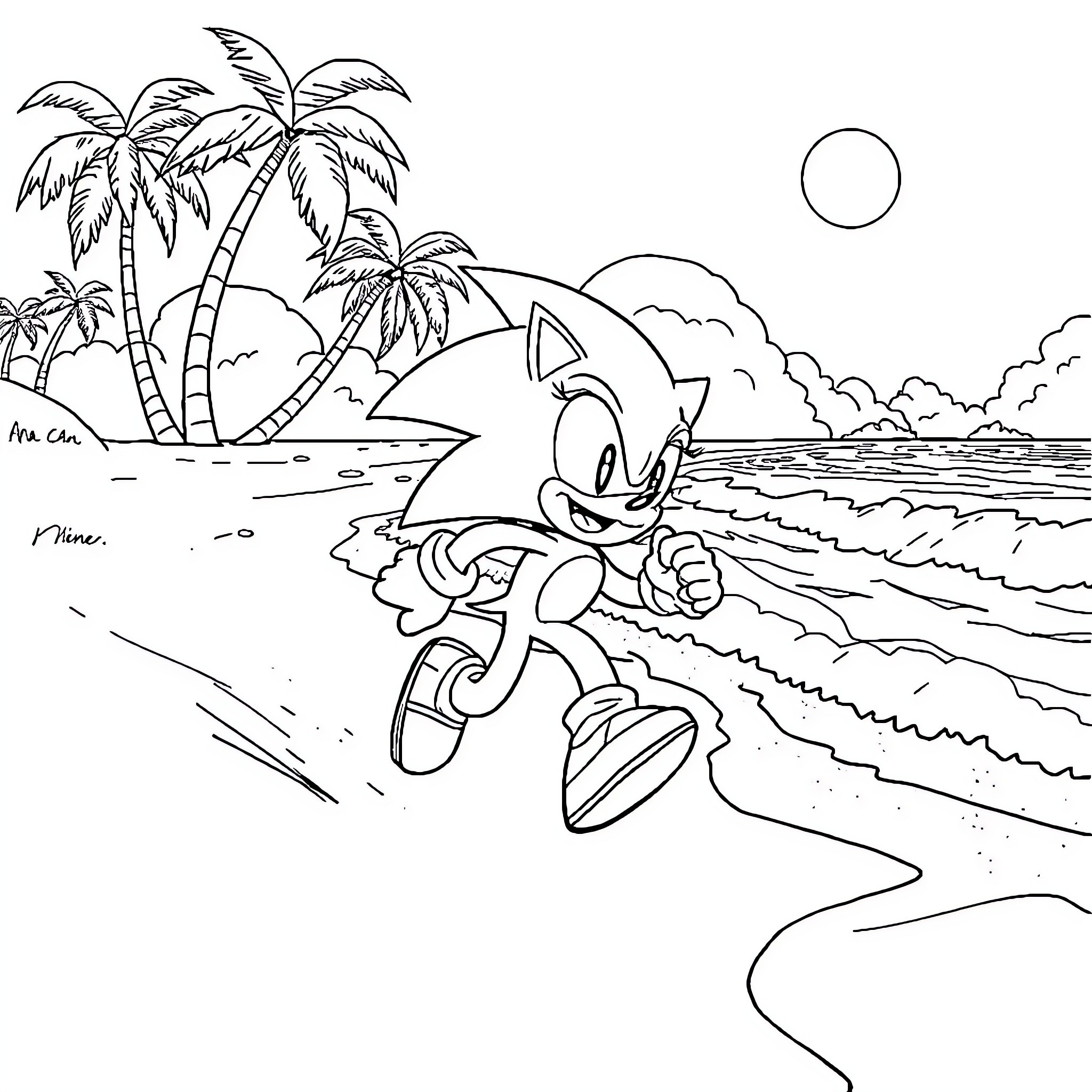 Sonic surfing on the beach with palm trees Coloring Page (free black-and-white line drawing printable PDF for all, from beginners to advanced learners, including children, teens, adults, and seniors)