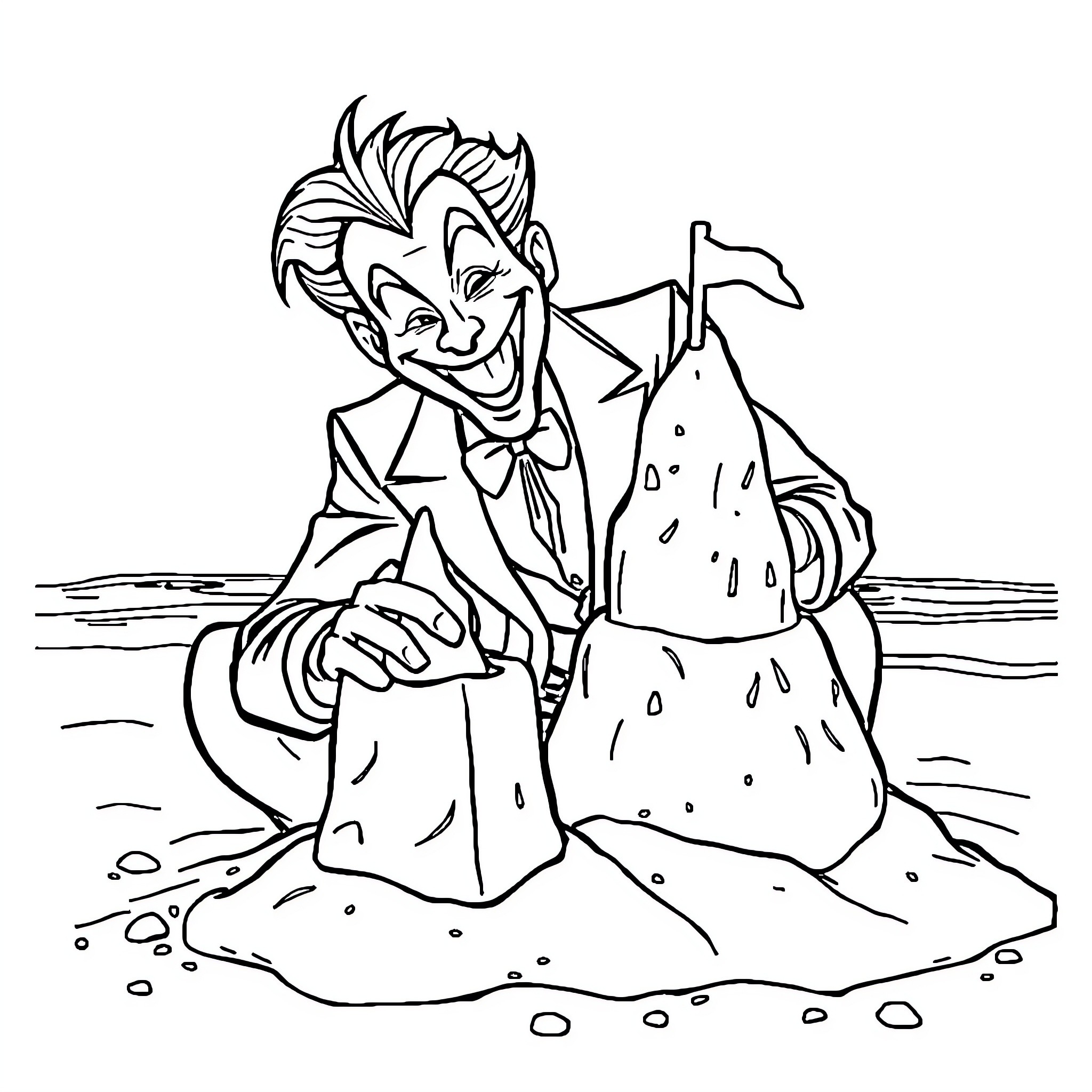Joker maniacally building a sand castle Coloring Page (free black-and-white line drawing printable PDF for all, from beginners to advanced learners, including children, teens, adults, and seniors)