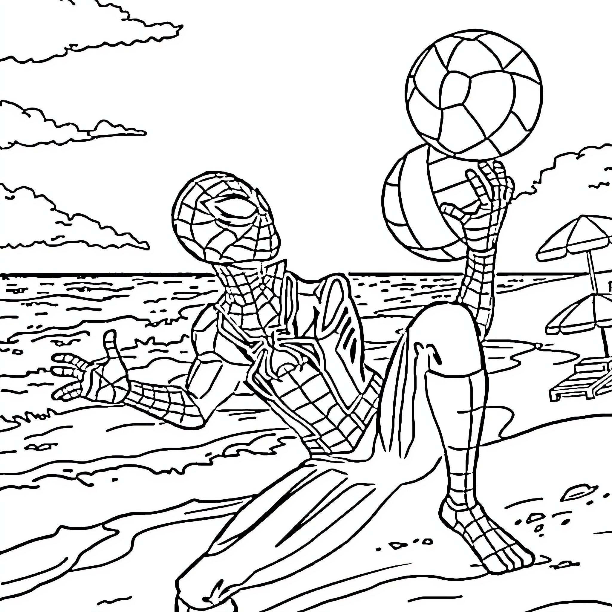 Spider-Man relaxing on the beach Coloring Page (free black-and-white line drawing printable PDF for all, from beginners to advanced learners, including children, teens, adults, and seniors)
