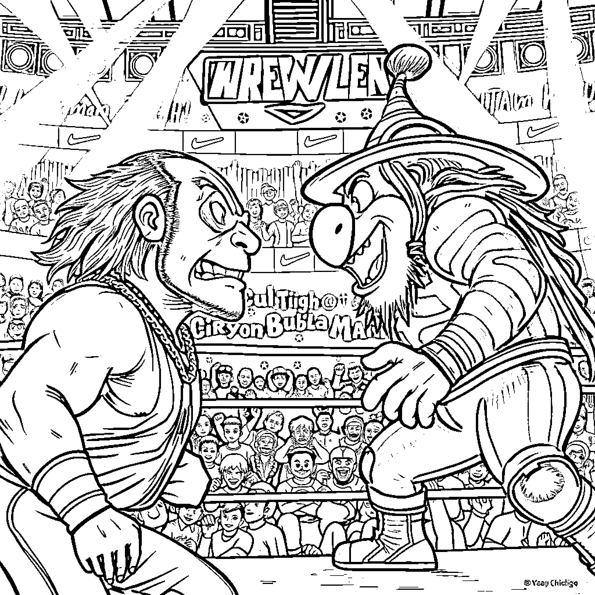 Fuggler Wrestling Match Chaos Coloring Page (free black-and-white line drawing printable PDF for all, from beginners to advanced learners, including children, teens, adults, and seniors)