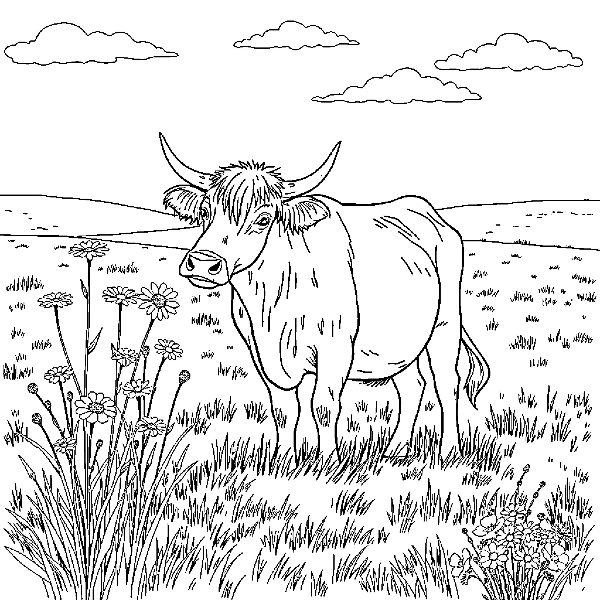 Highland Cow standing in a grassy field Coloring Page (free black-and-white line drawing printable PDF for all, from beginners to advanced learners, including children, teens, adults, and seniors)
