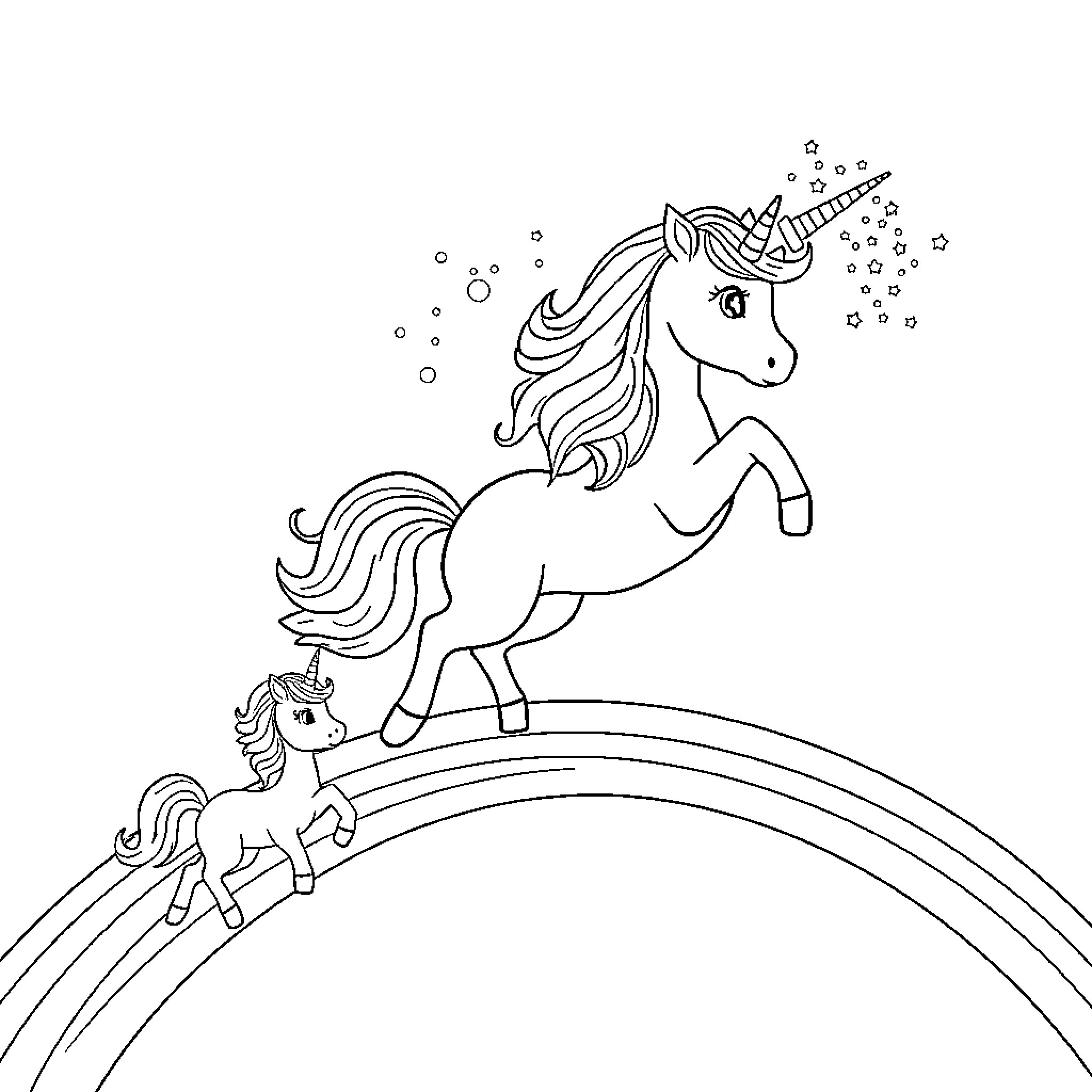Unicorn siblings playing on a rainbow Coloring Page (free black-and-white line drawing printable PDF for all, from beginners to advanced learners, including children, teens, adults, and seniors)