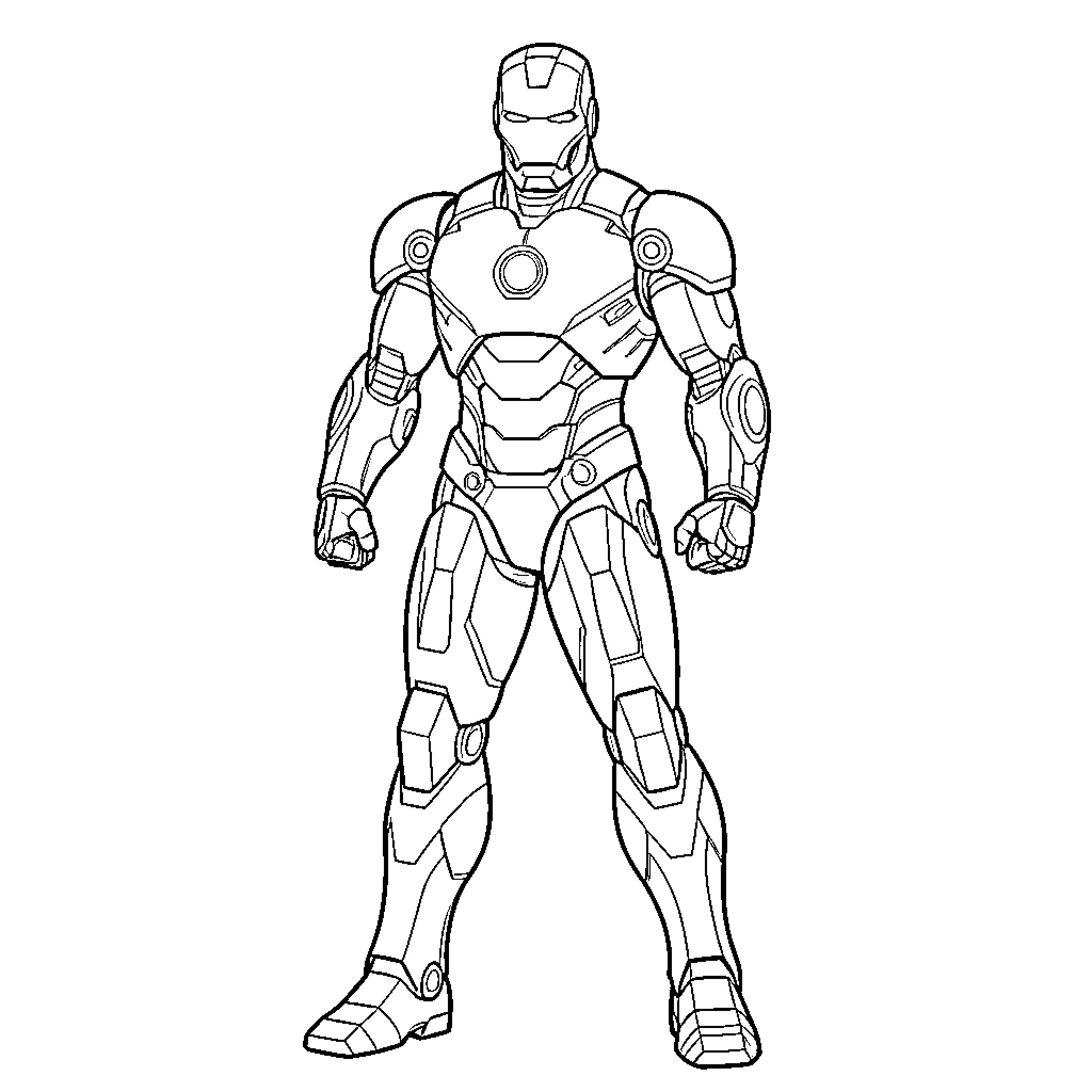Ironman standing in a powerful heroic pose Coloring Page (free black-and-white line drawing printable PDF for all, from beginners to advanced learners, including children, teens, adults, and seniors)