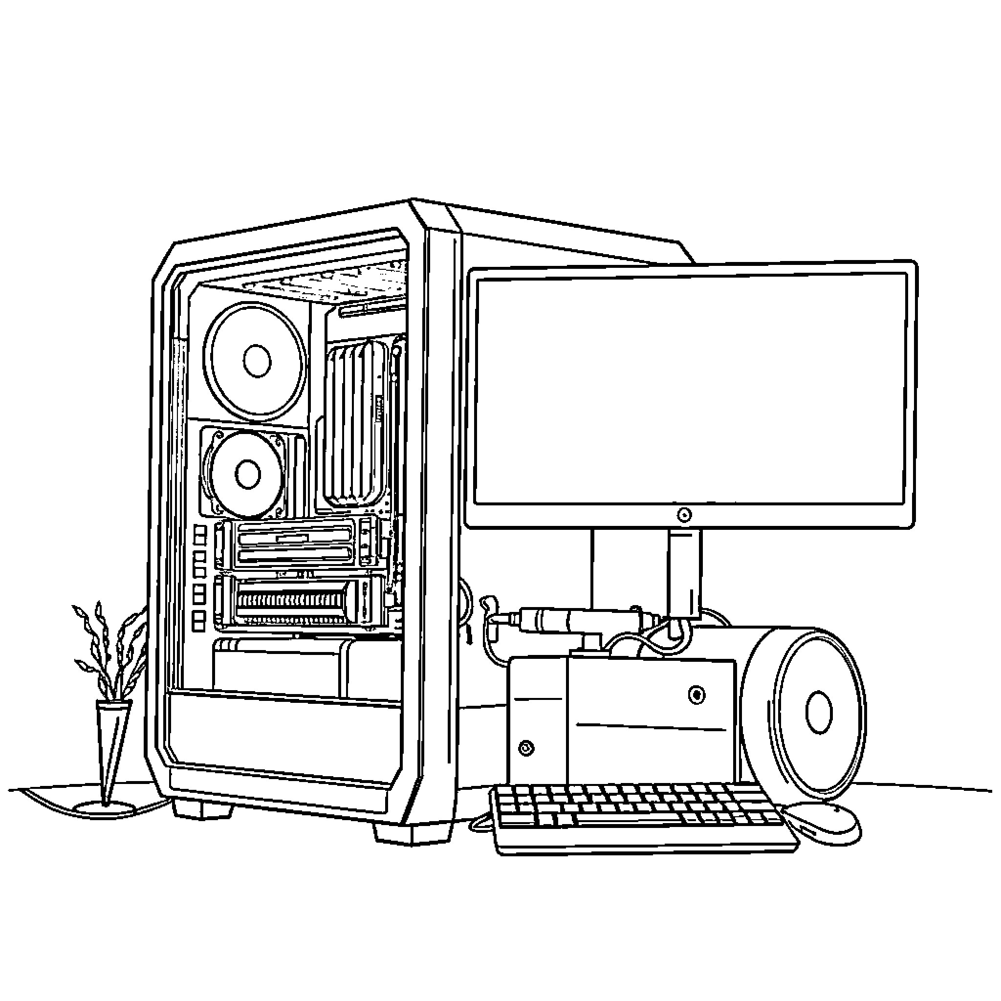Gaming PC with Powerful Hardware and Display Coloring Page (free black-and-white line drawing printable PDF for all, from beginners to advanced learners, including children, teens, adults, and seniors)