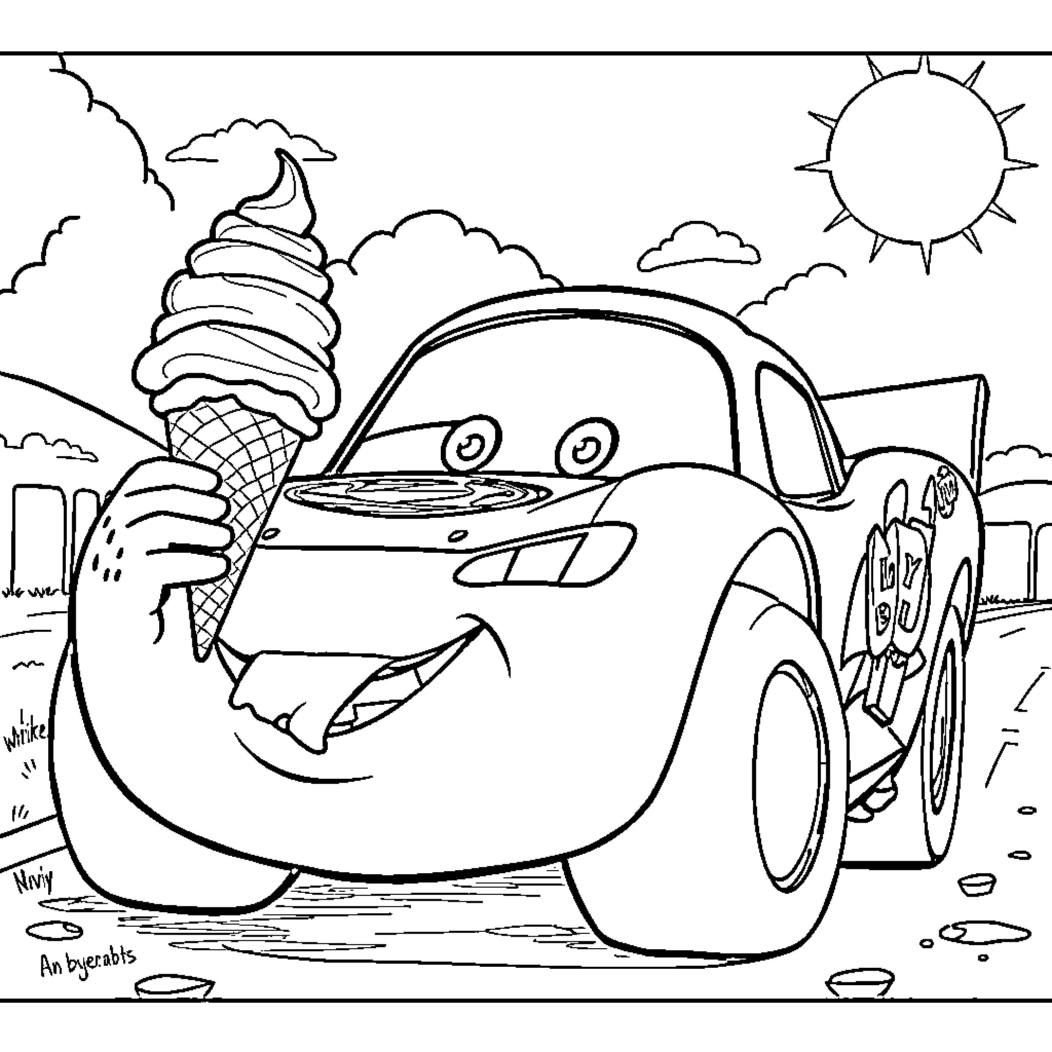 McQueen enjoying an ice cream cone on the road Coloring Page (free black-and-white line drawing printable PDF for all, from beginners to advanced learners, including children, teens, adults, and seniors)