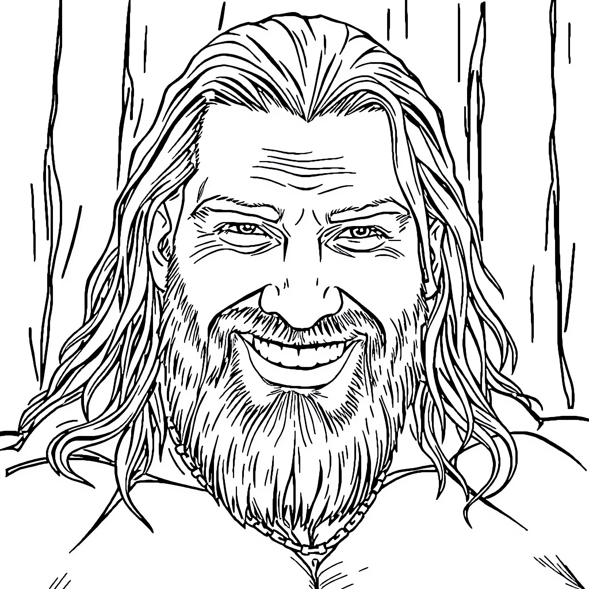 Jason Momoa's joyful and rugged portrait Coloring Page (free black-and-white line drawing printable PDF for all, from beginners to advanced learners, including children, teens, adults, and seniors)