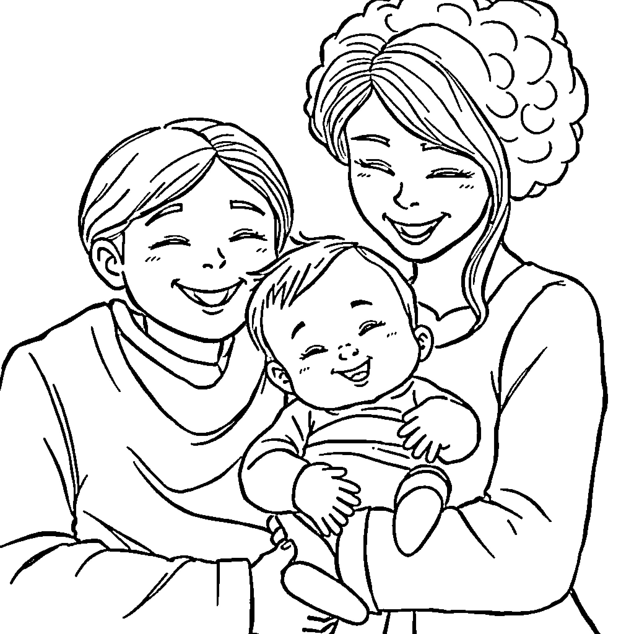 Family Enjoying Affectionate Moment Together Coloring Page (free black-and-white line drawing printable PDF for all, from beginners to advanced learners, including children, teens, adults, and seniors)