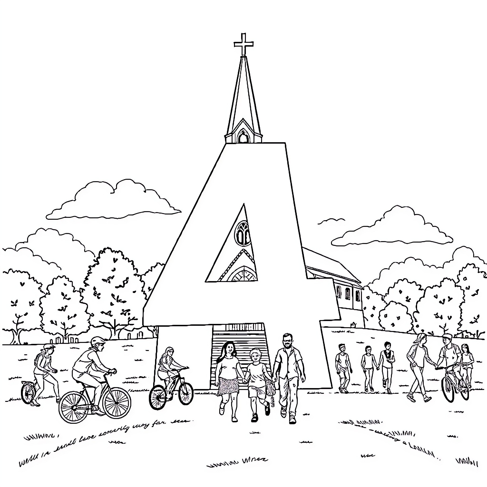 Number 4: People walking and cycling near a church Coloring Page (free black-and-white line drawing printable PDF for all, from beginners to advanced learners, including children, teens, adults, and seniors)