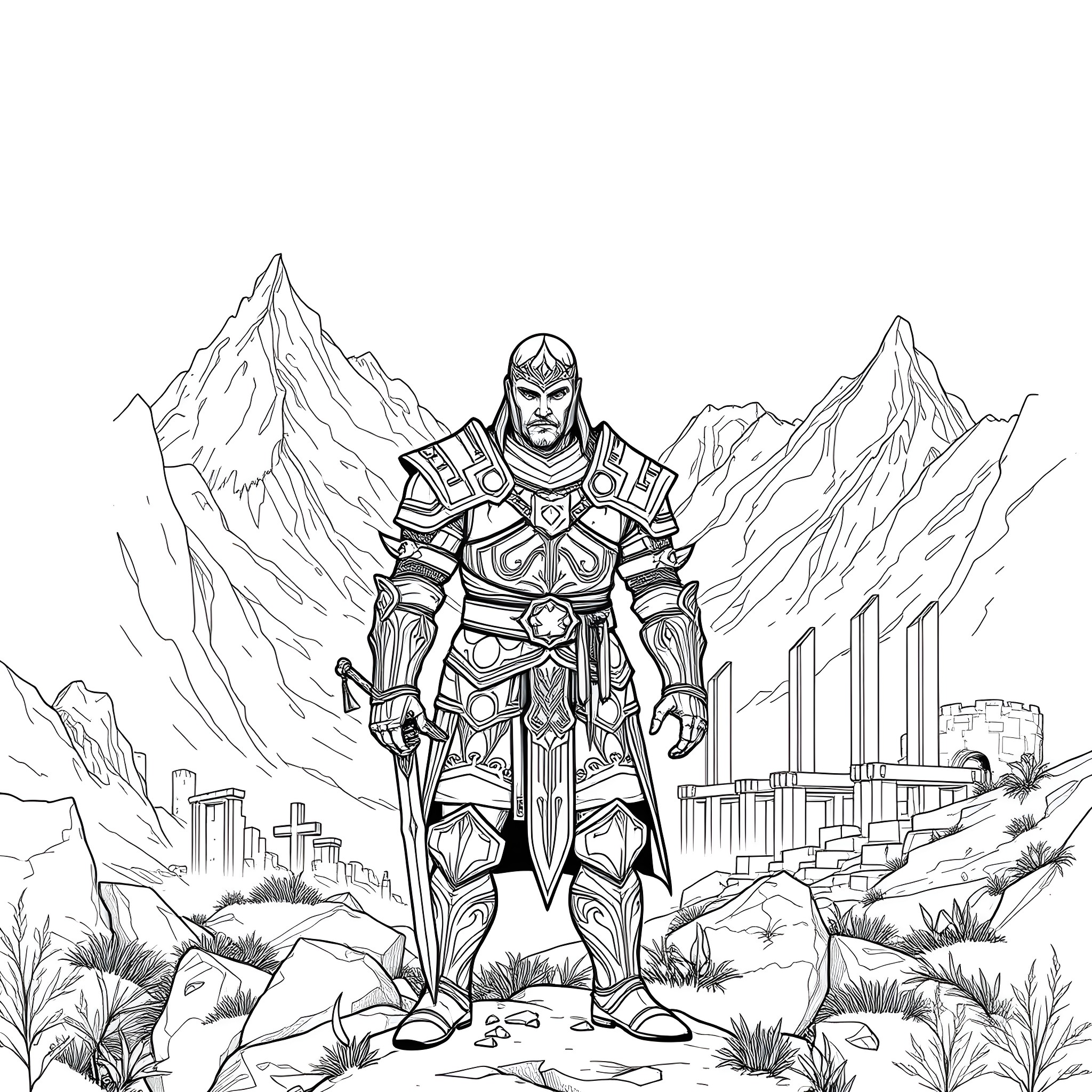 Dovahkiin, the Dragonborn, stands resolute in a rugged landscape Coloring Page (free black-and-white line drawing printable PDF for all, from beginners to advanced learners, including children, teens, adults, and seniors)