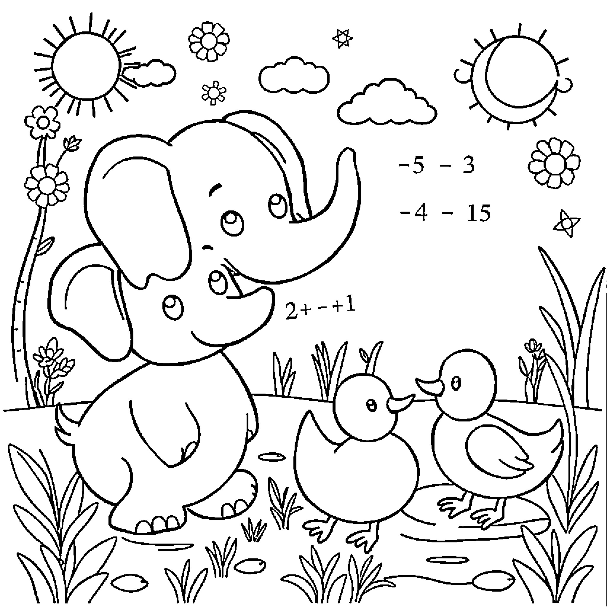 Animal friends playing in nature Coloring Page (free black-and-white line drawing printable PDF for all, from beginners to advanced learners, including children, teens, adults, and seniors)