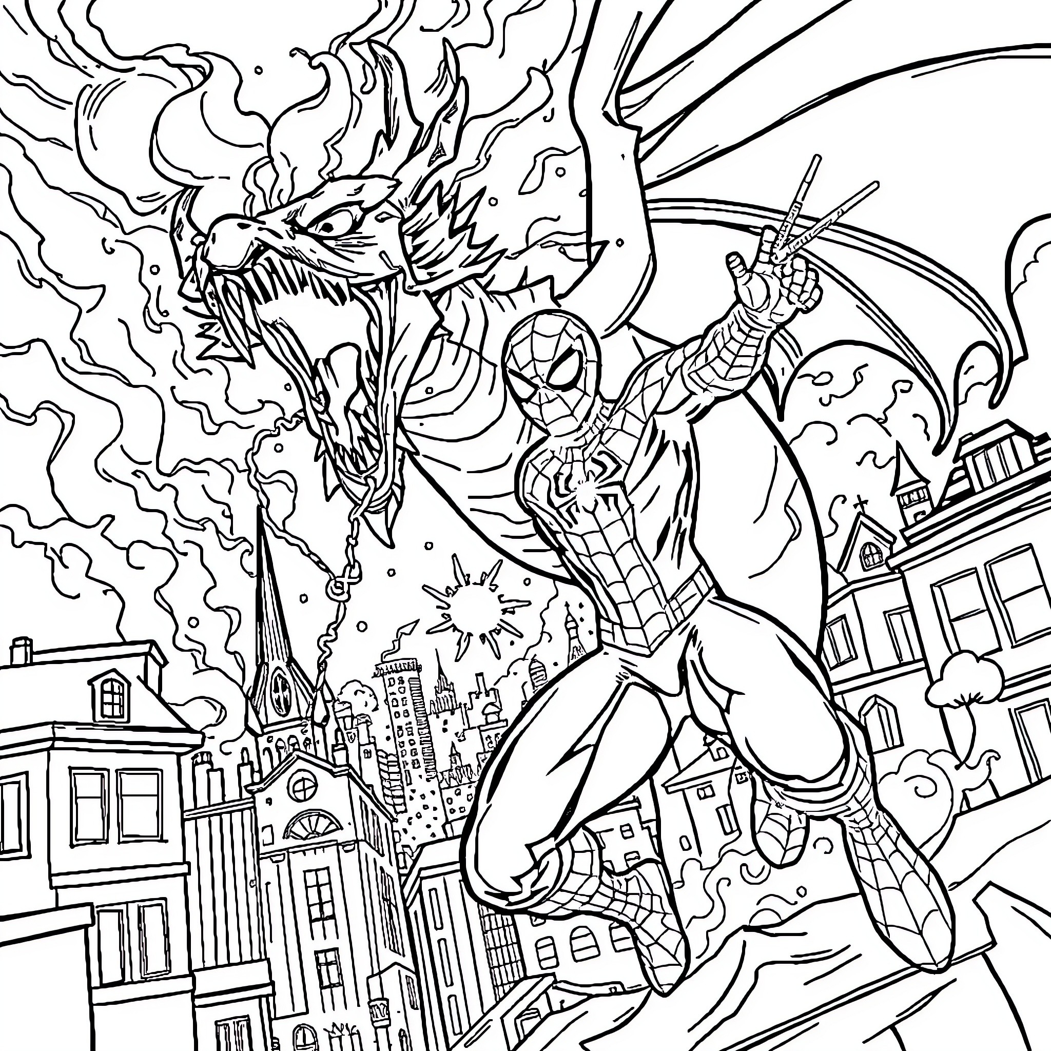 Spiderman battling a fierce dragon over the city Coloring Page (free black-and-white line drawing printable PDF for all, from beginners to advanced learners, including children, teens, adults, and seniors)