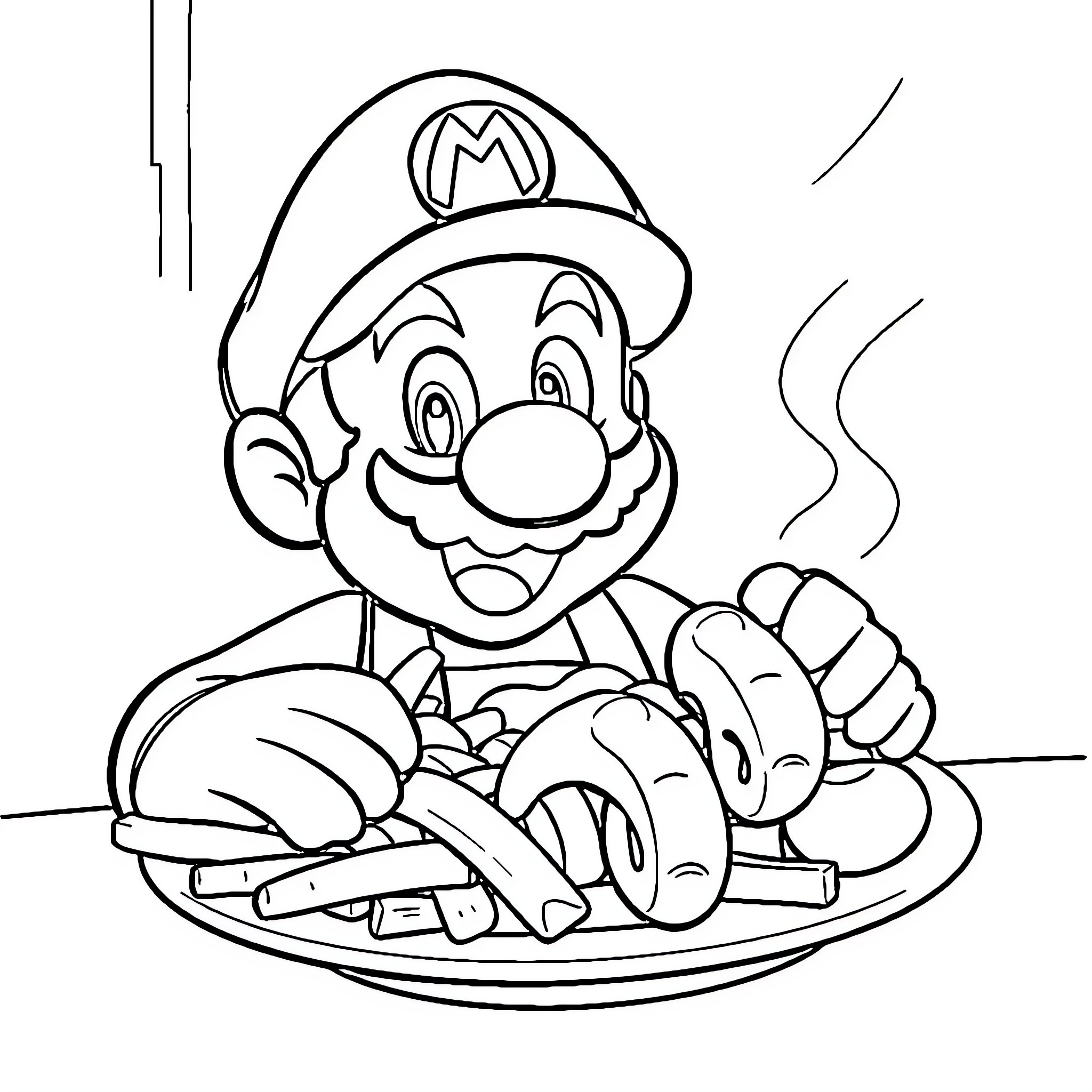 Mario Enjoying a Savory Meal Coloring Page (free black-and-white line drawing printable PDF for all, from beginners to advanced learners, including children, teens, adults, and seniors)