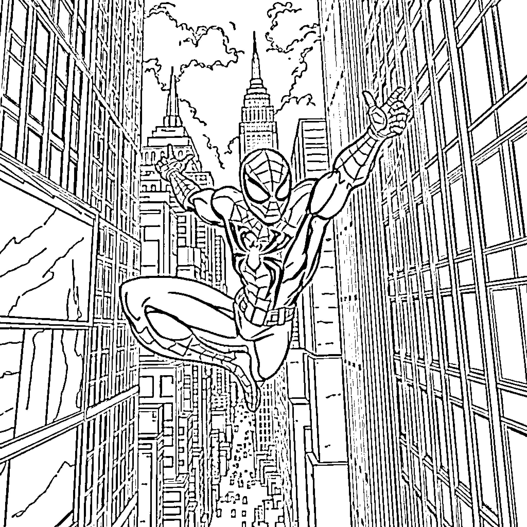 Spiderman swinging through the city skyline Coloring Page (free black-and-white line drawing printable PDF for all, from beginners to advanced learners, including children, teens, adults, and seniors)