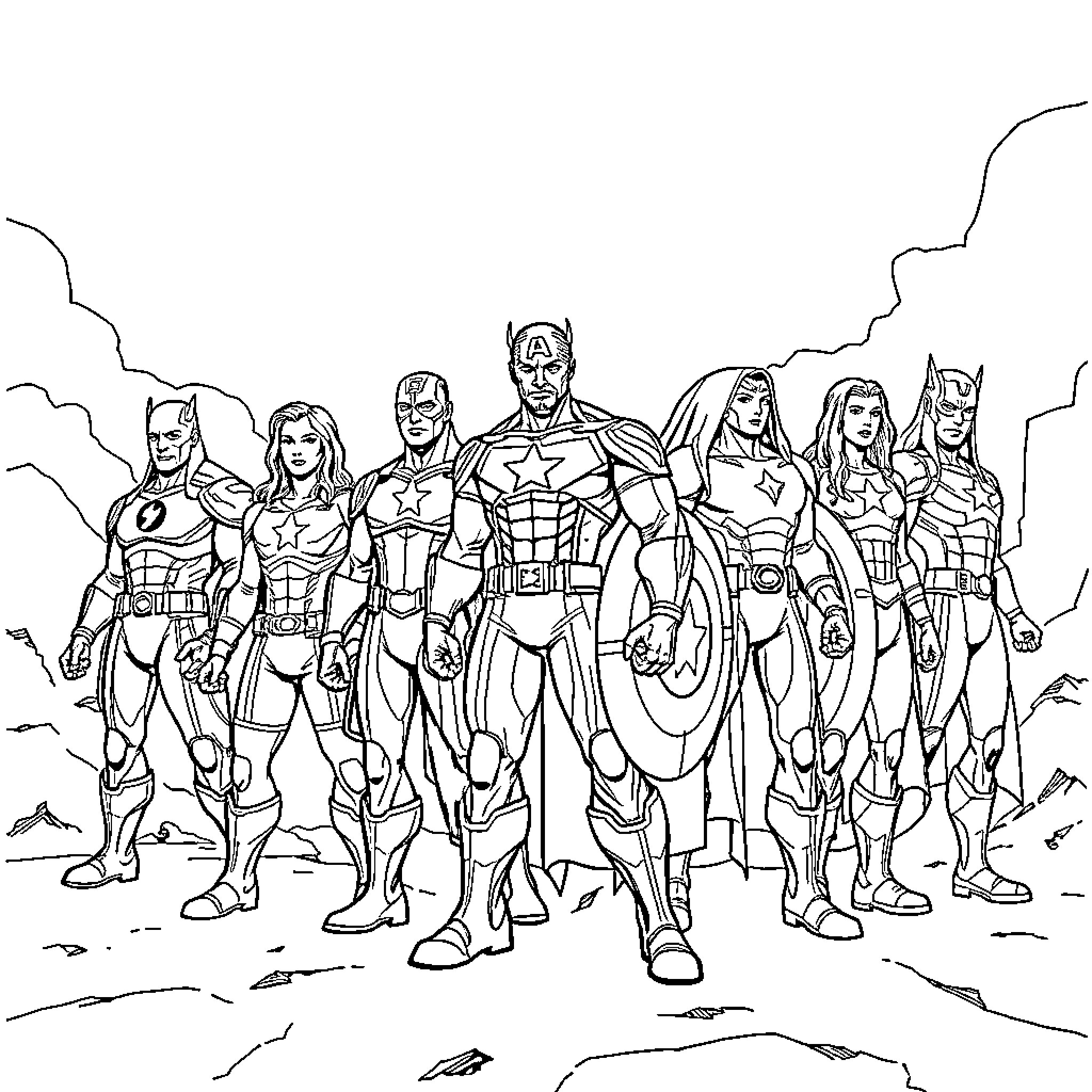 Avenger heroes in action-packed poses Coloring Page (free black-and-white line drawing printable PDF for all, from beginners to advanced learners, including children, teens, adults, and seniors)