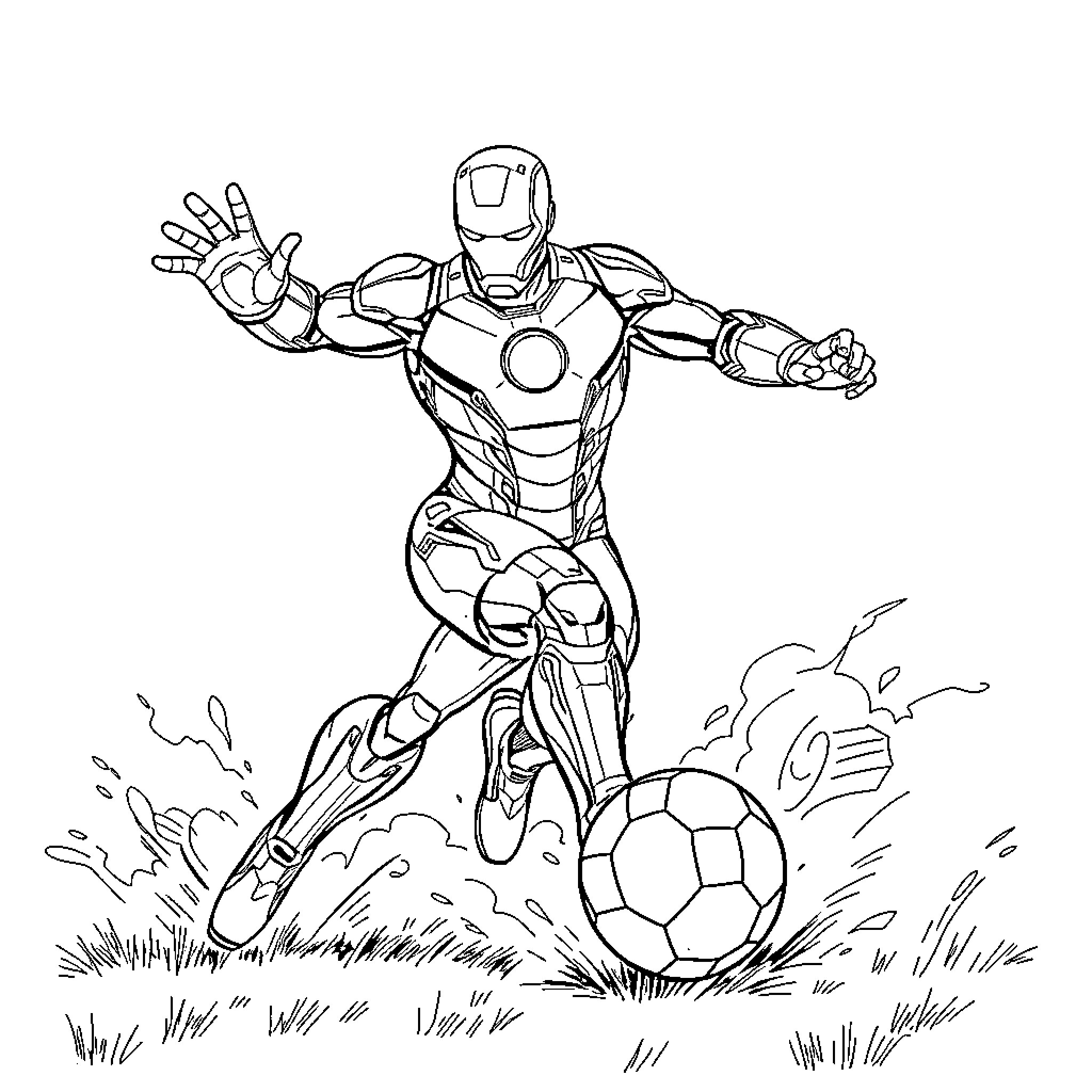 Ironman playing soccer with energy blast Coloring Page (free black-and-white line drawing printable PDF for all, from beginners to advanced learners, including children, teens, adults, and seniors)