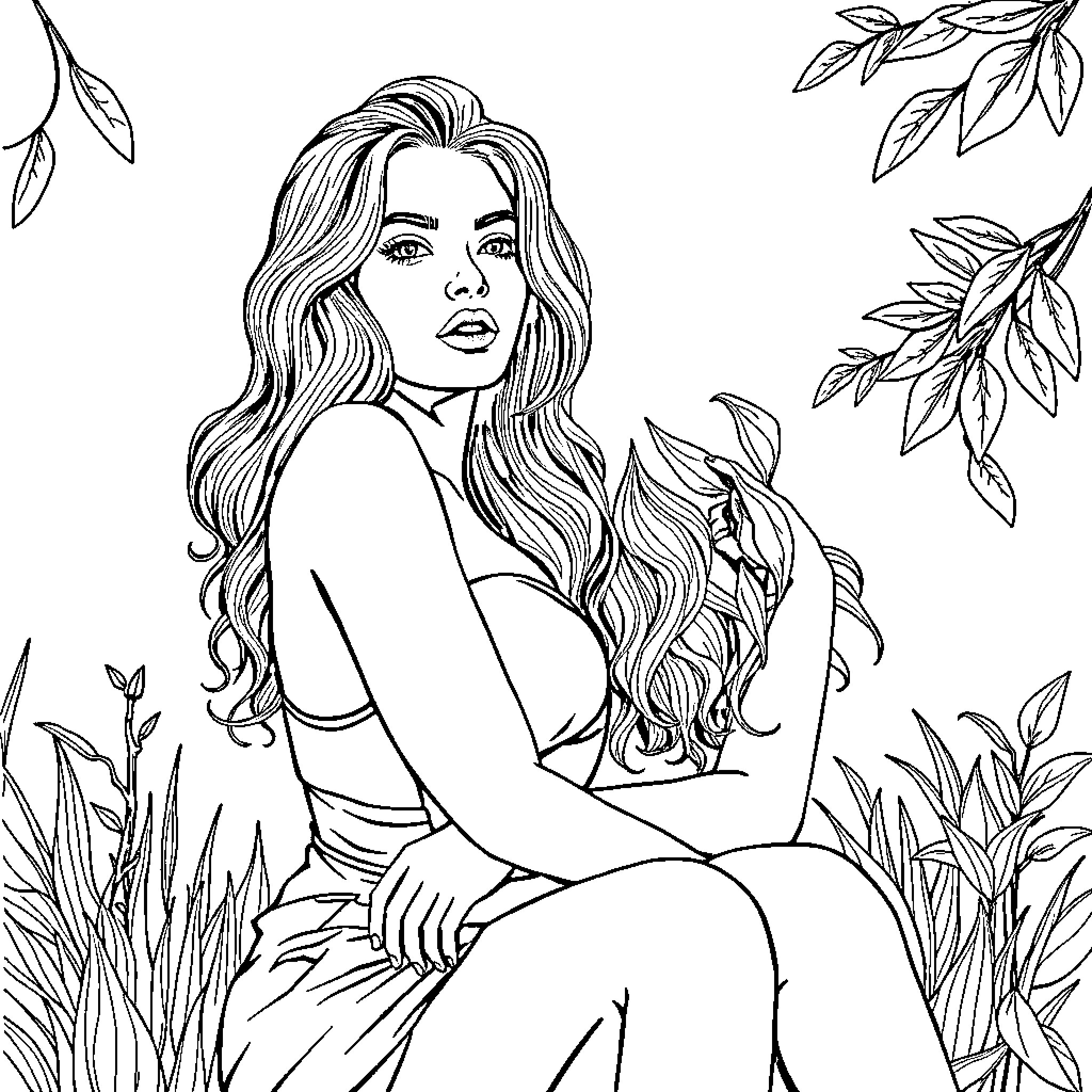 Woman enjoying nature's serenity in the outdoors Coloring Page (free black-and-white line drawing printable PDF for all, from beginners to advanced learners, including children, teens, adults, and seniors)